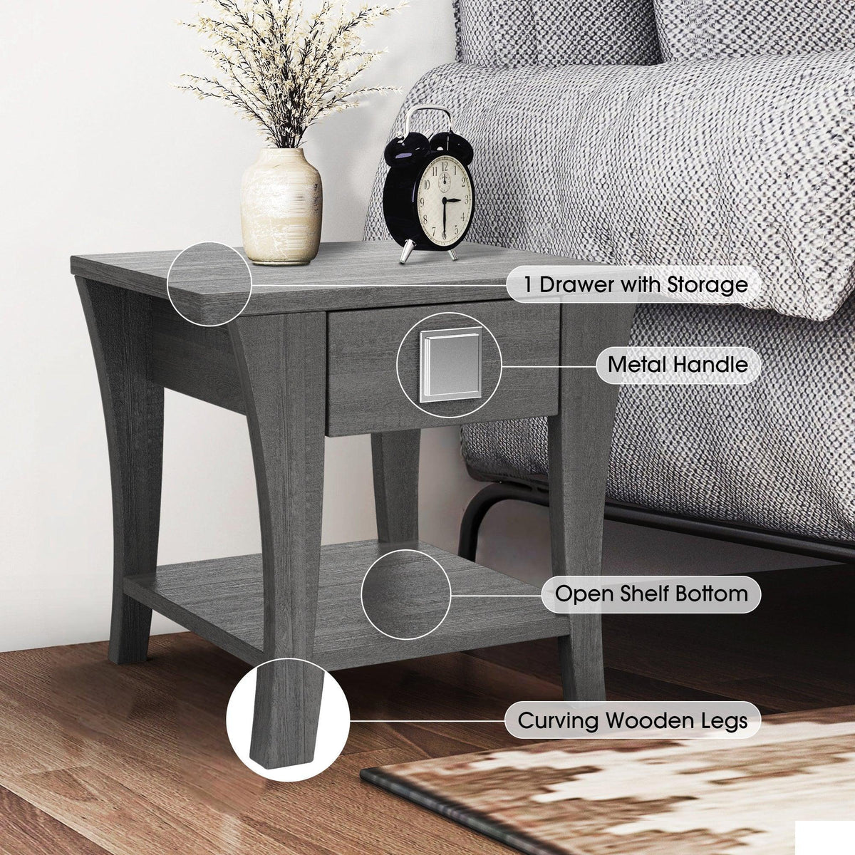Gray end table with drawer, open bottom shelf, and curved wooden legs.