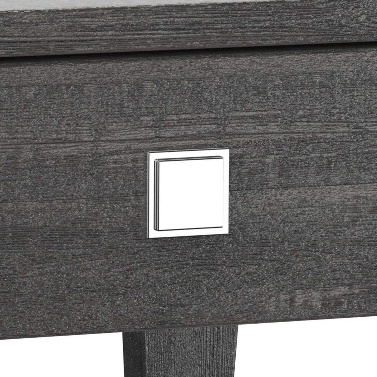 Gray drawer front on an end table with square silver pull in the center.
