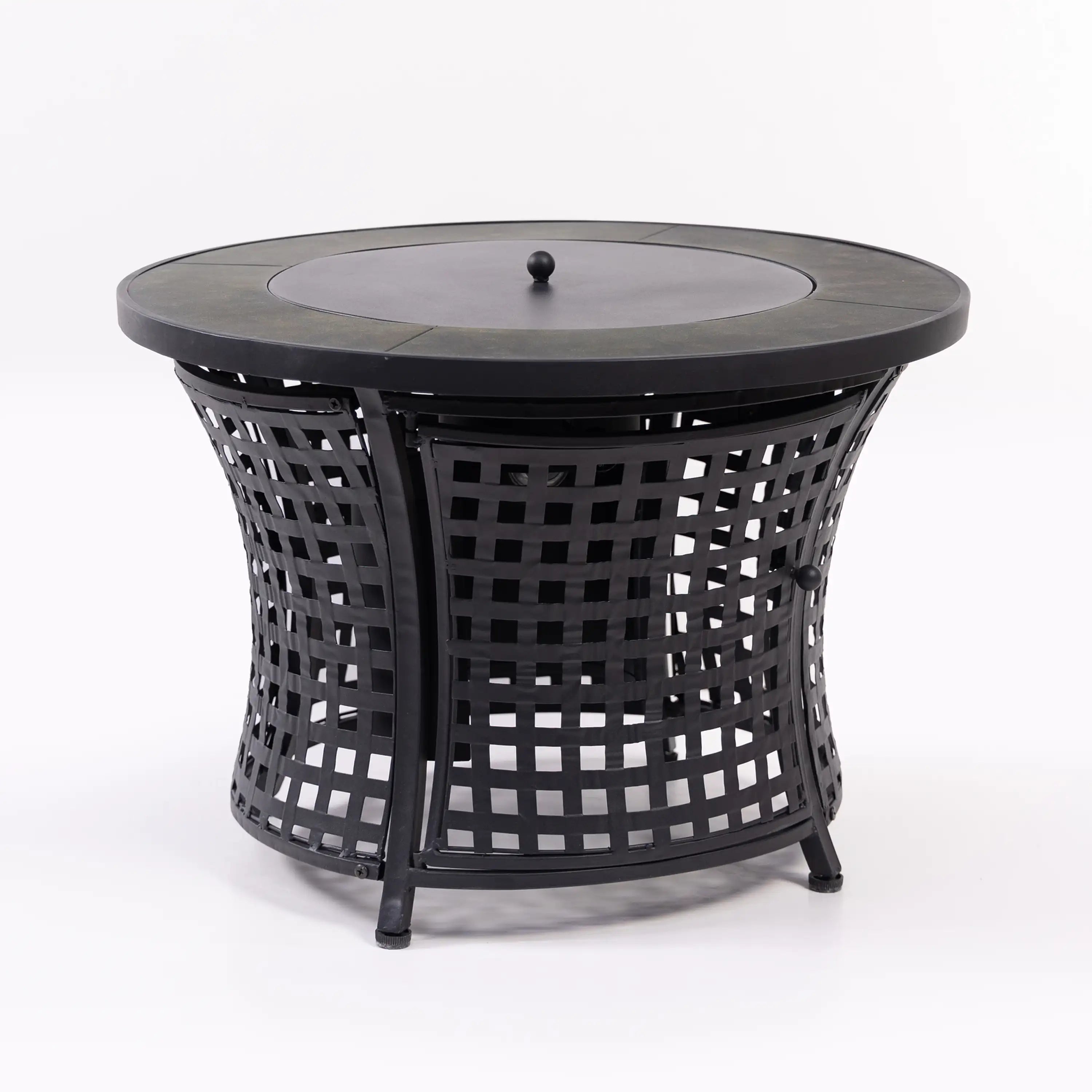Black round outdoor propane fire pit table with mesh sides and centered knob lid