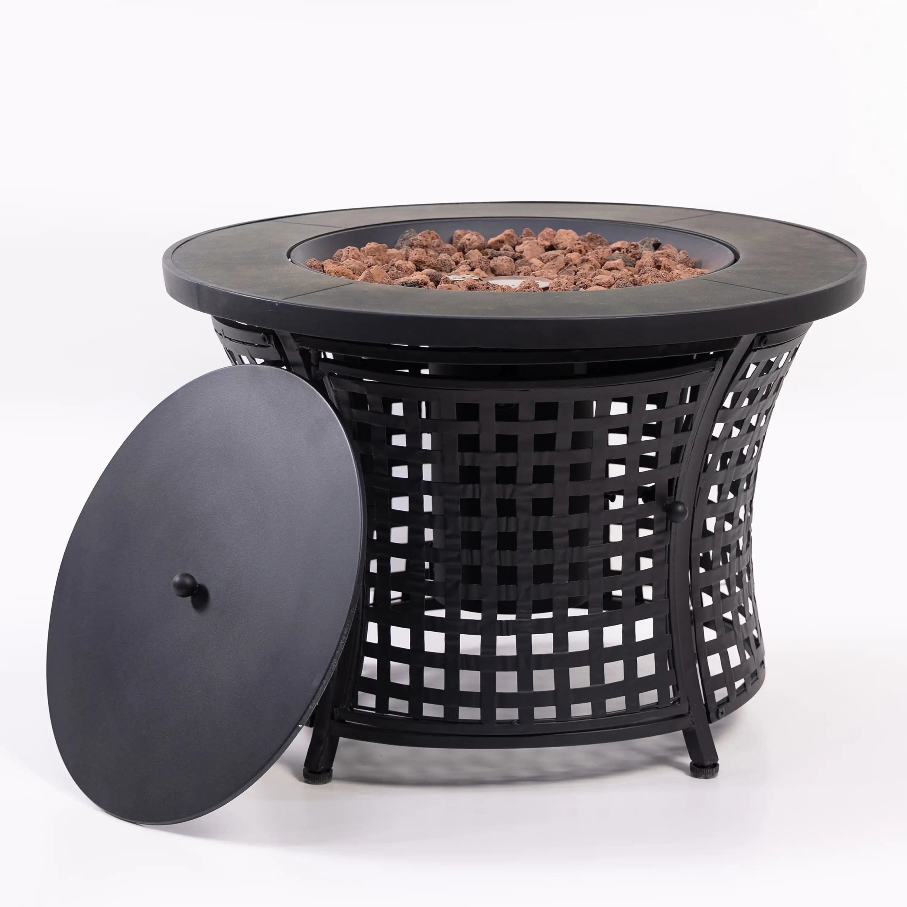 Black propane fire pit table with lava rocks and open round lid