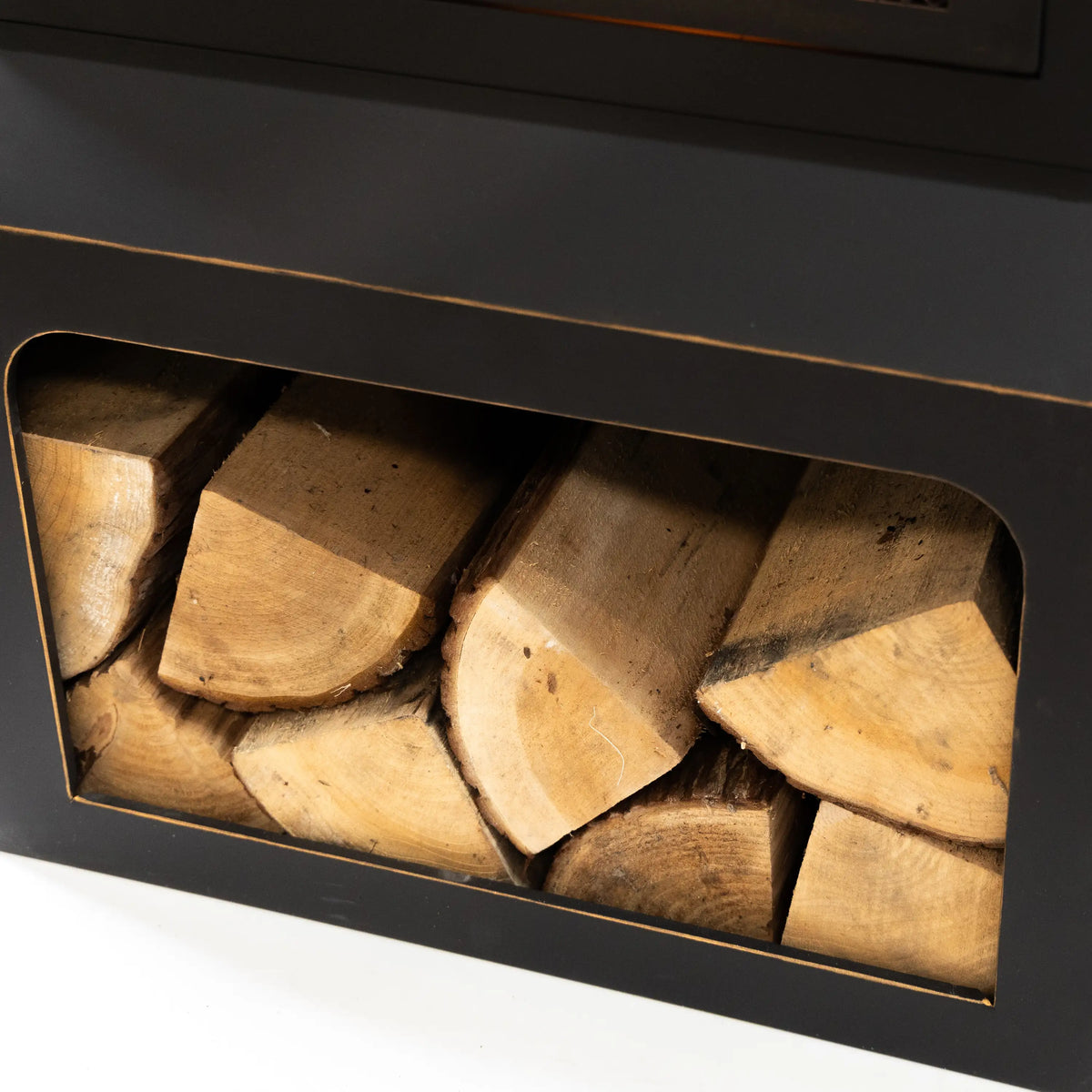 Square outdoor steel woodburning fireplace log storage compartment filled with split wood