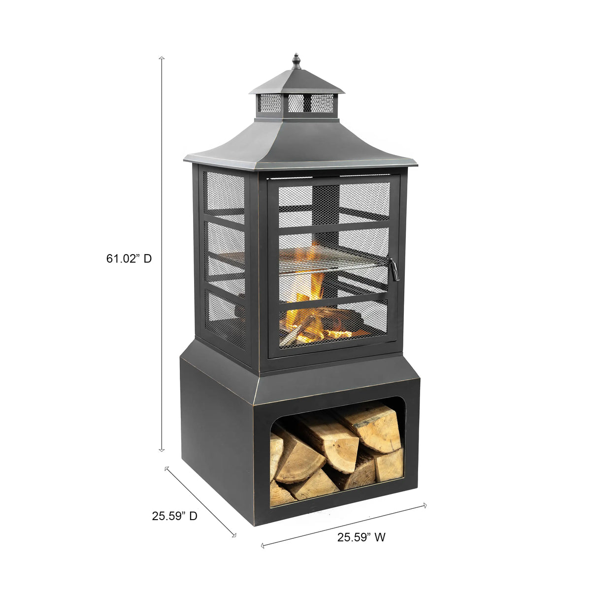 Outdoor steel woodburning fireplace with mesh firebox and lower log storage compartment