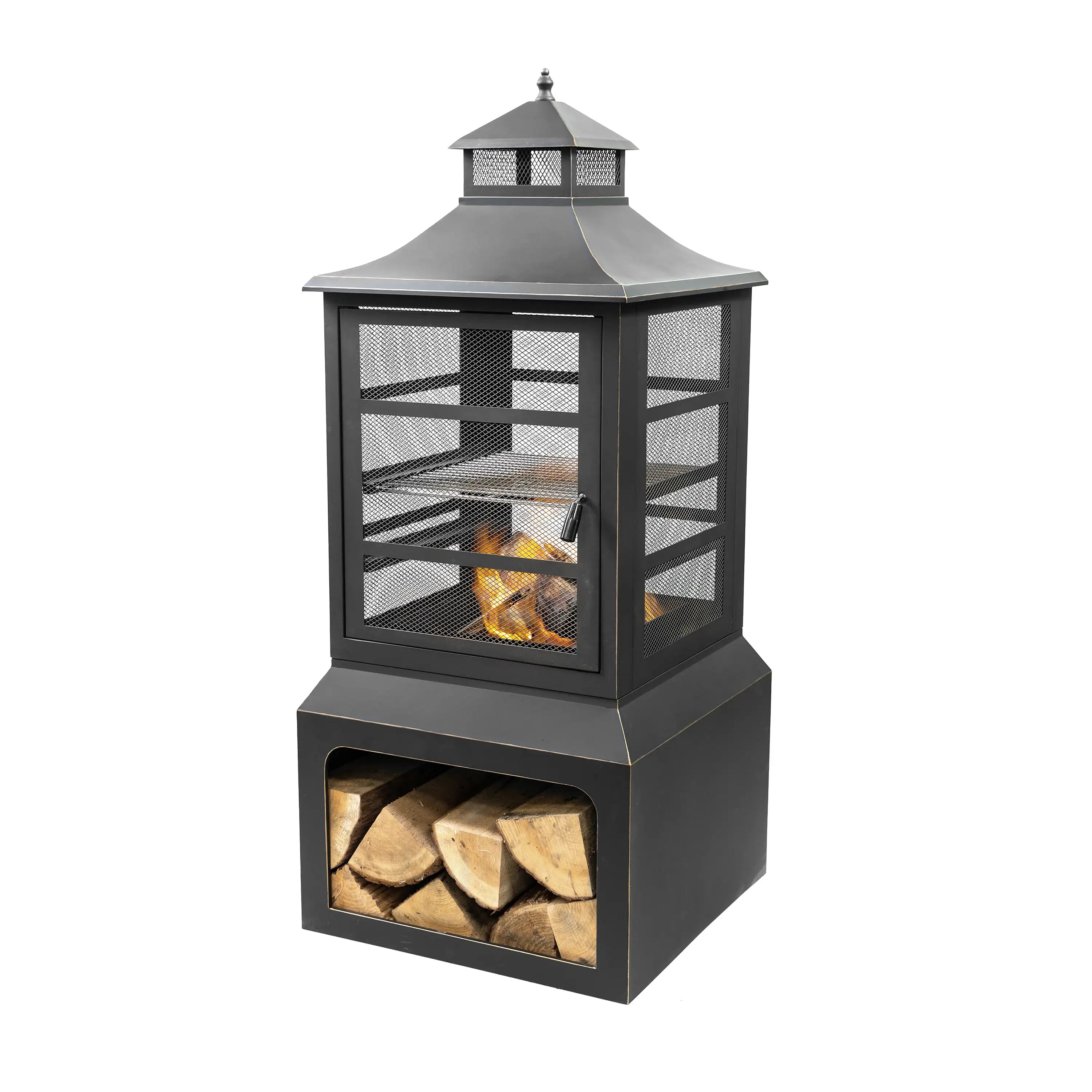 Outdoor steel woodburning fireplace with mesh front, top hood, and visible log bin