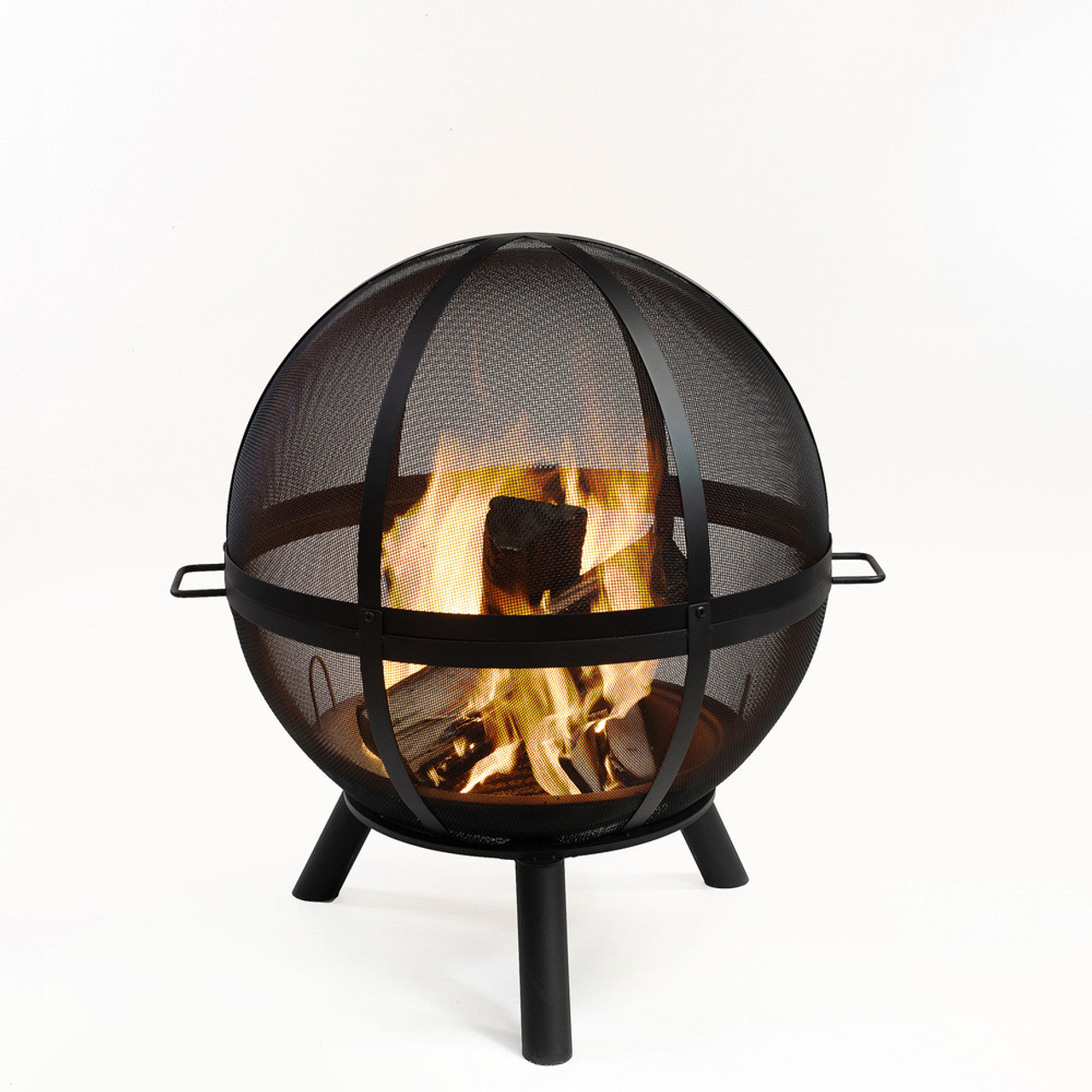 Black steel outdoor sphere fire pit with mesh spark screen and three legs