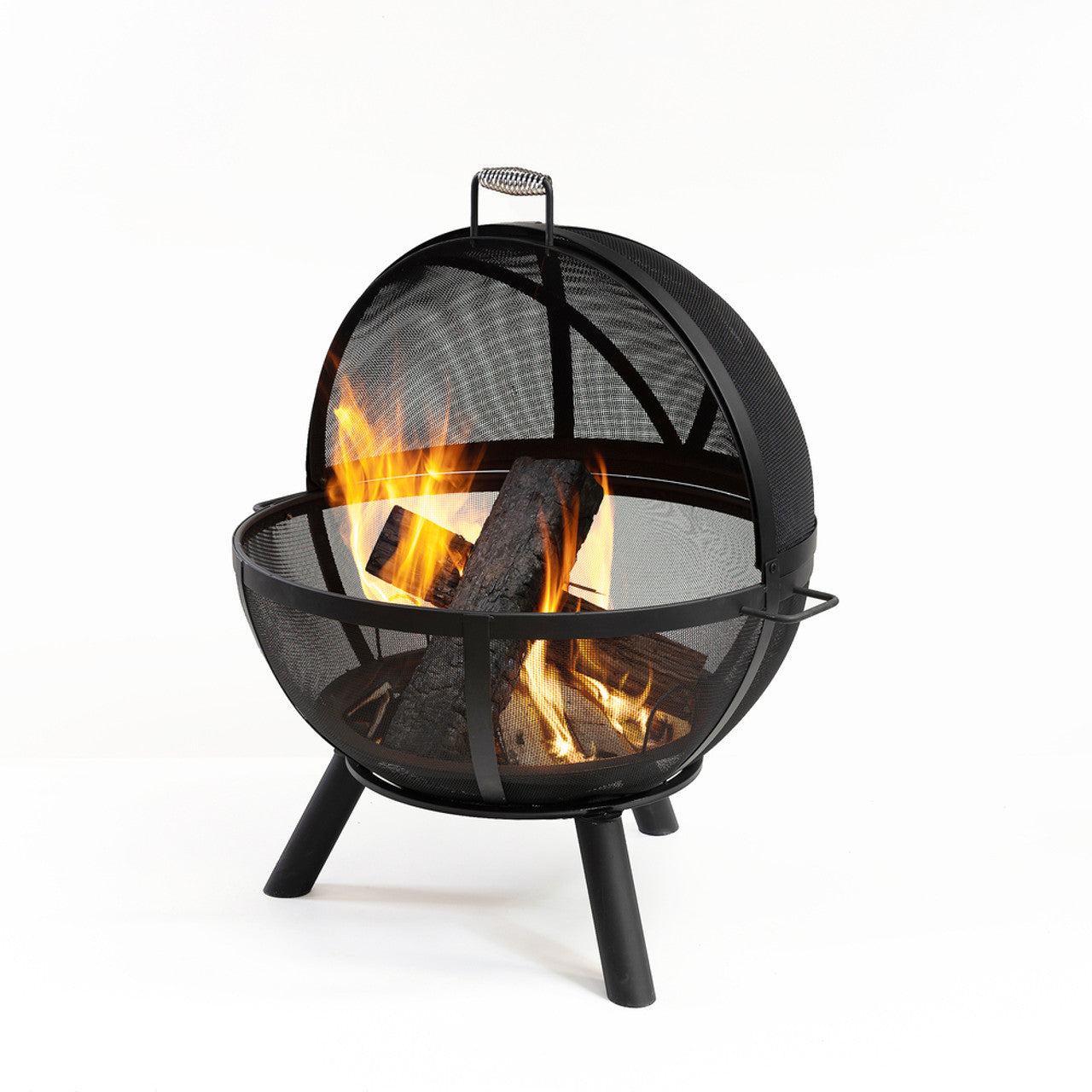 Sphere outdoor fire pit with black mesh dome, front guard ring, and burning logs