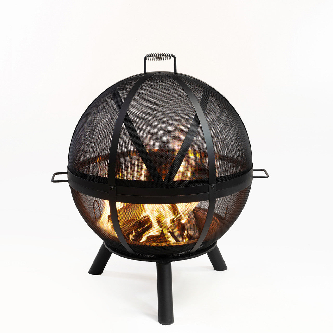 Black sphere fire pit with mesh dome and front cross bars, burning wood inside