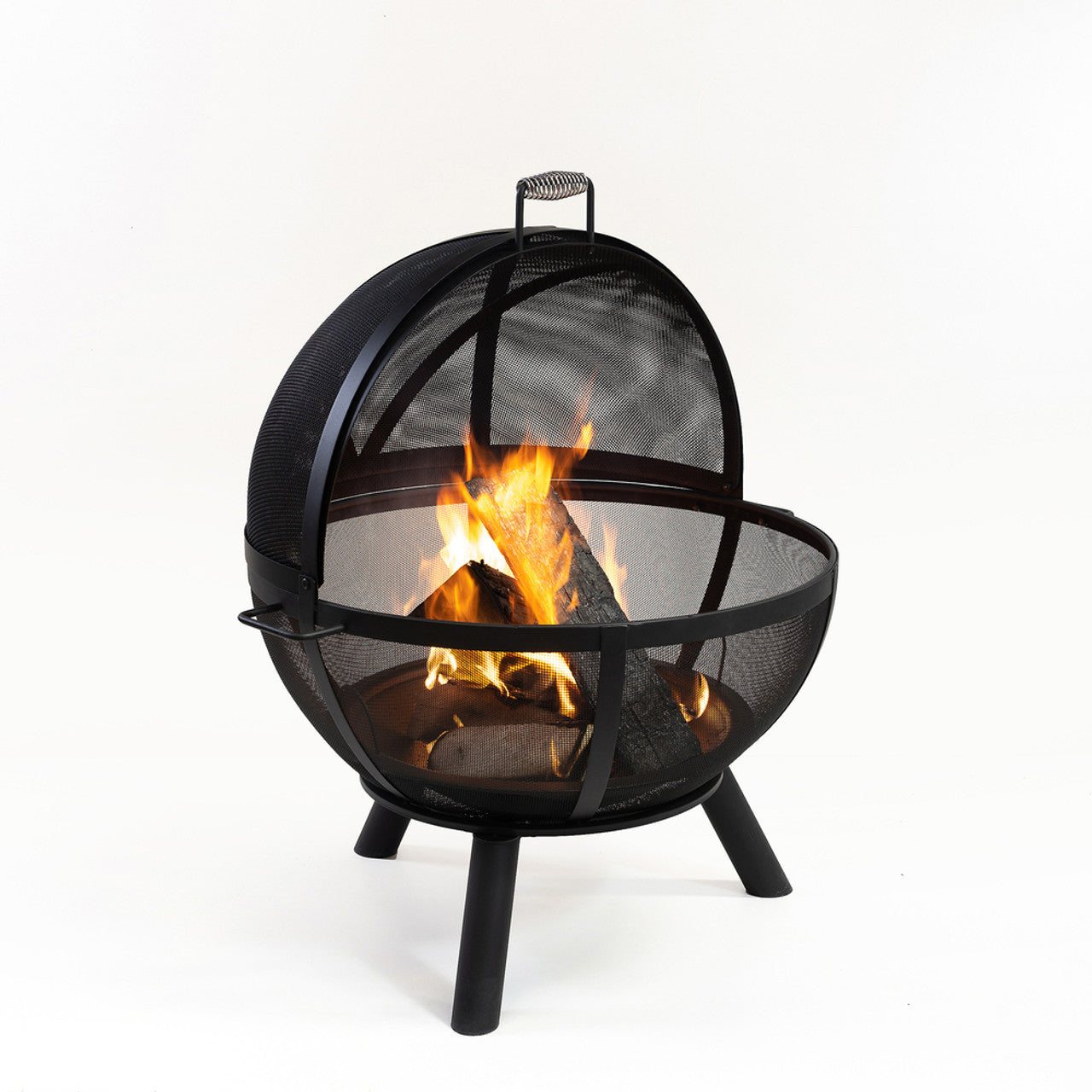 Mesh dome sphere fire pit with burning flames and front horizontal guard bar