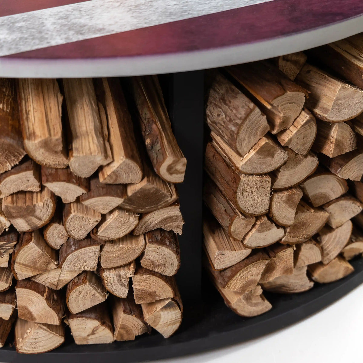 Outdoor fire pit log storage bin filled with stacked split firewood