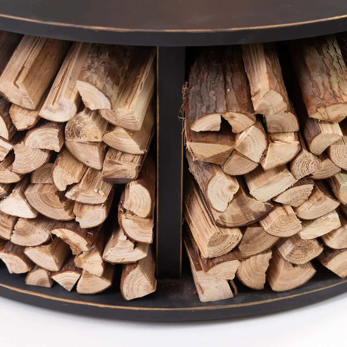 Fire pit log storage filled with cut firewood logs, black compartment panel.
