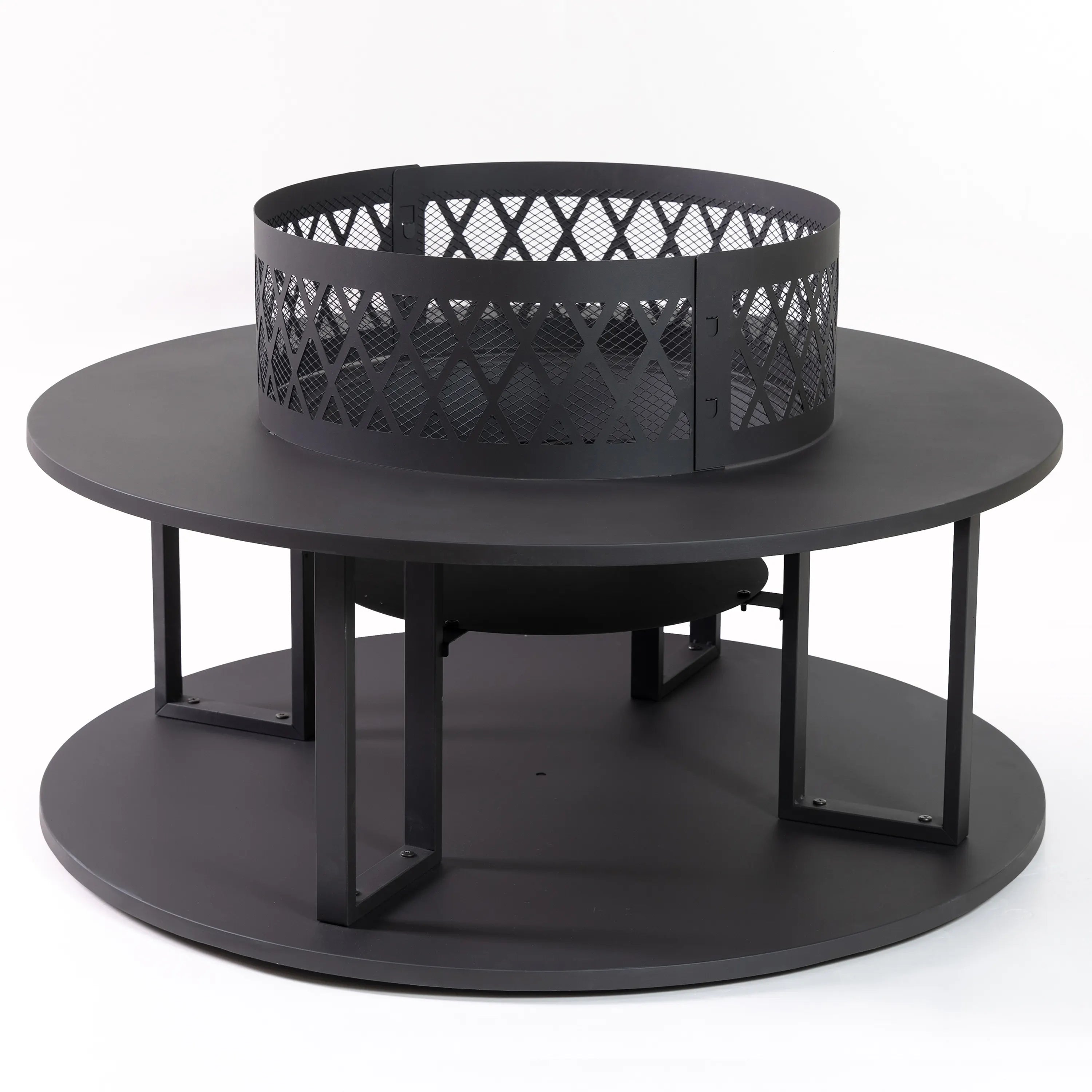 Round black steel outdoor fire pit with mesh sides and log storage base
