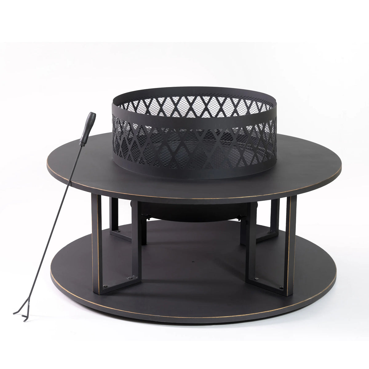 Outdoor fire pit with mesh fire bowl and black round tabletop, log stand with legs.
