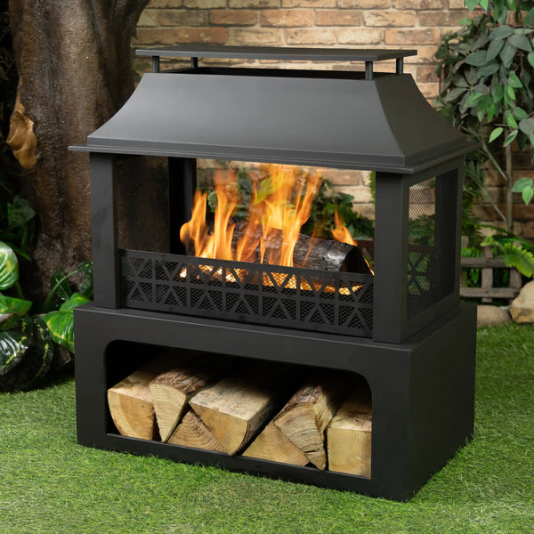 Deko Living 36 Inch Rectangular Outdoor Steel Woodburning Fireplace with Log Storage Compartment (COB10511)