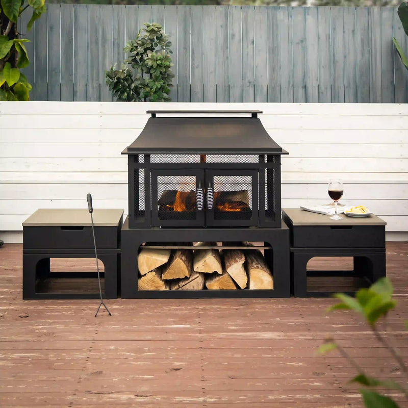 Deko Living 70-Inch Rectangular Outdoor Steel Woodburning Fireplace with Log Storage Compartment & Side Tables (COB10513)