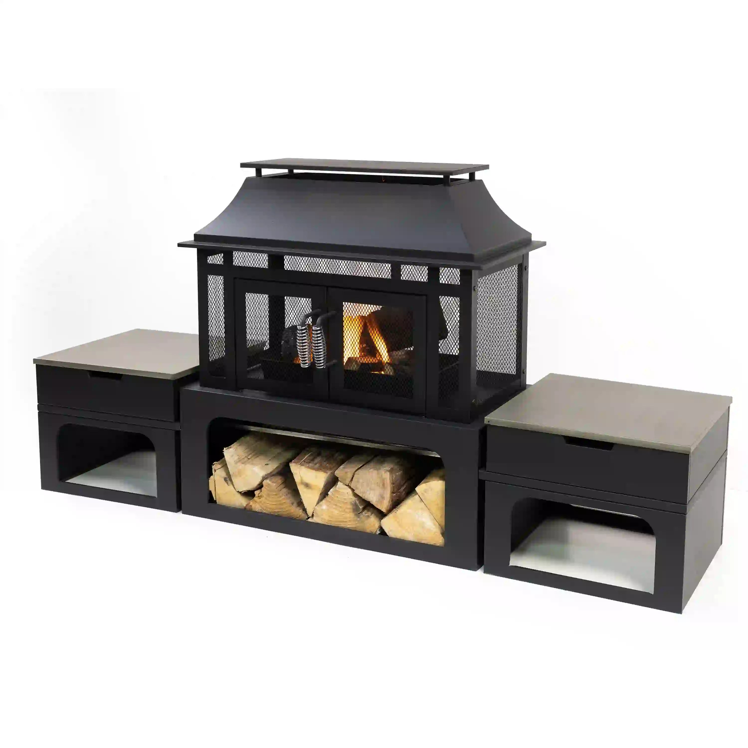 Outdoor rectangular fireplace with side tables, mesh screen, and log storage base