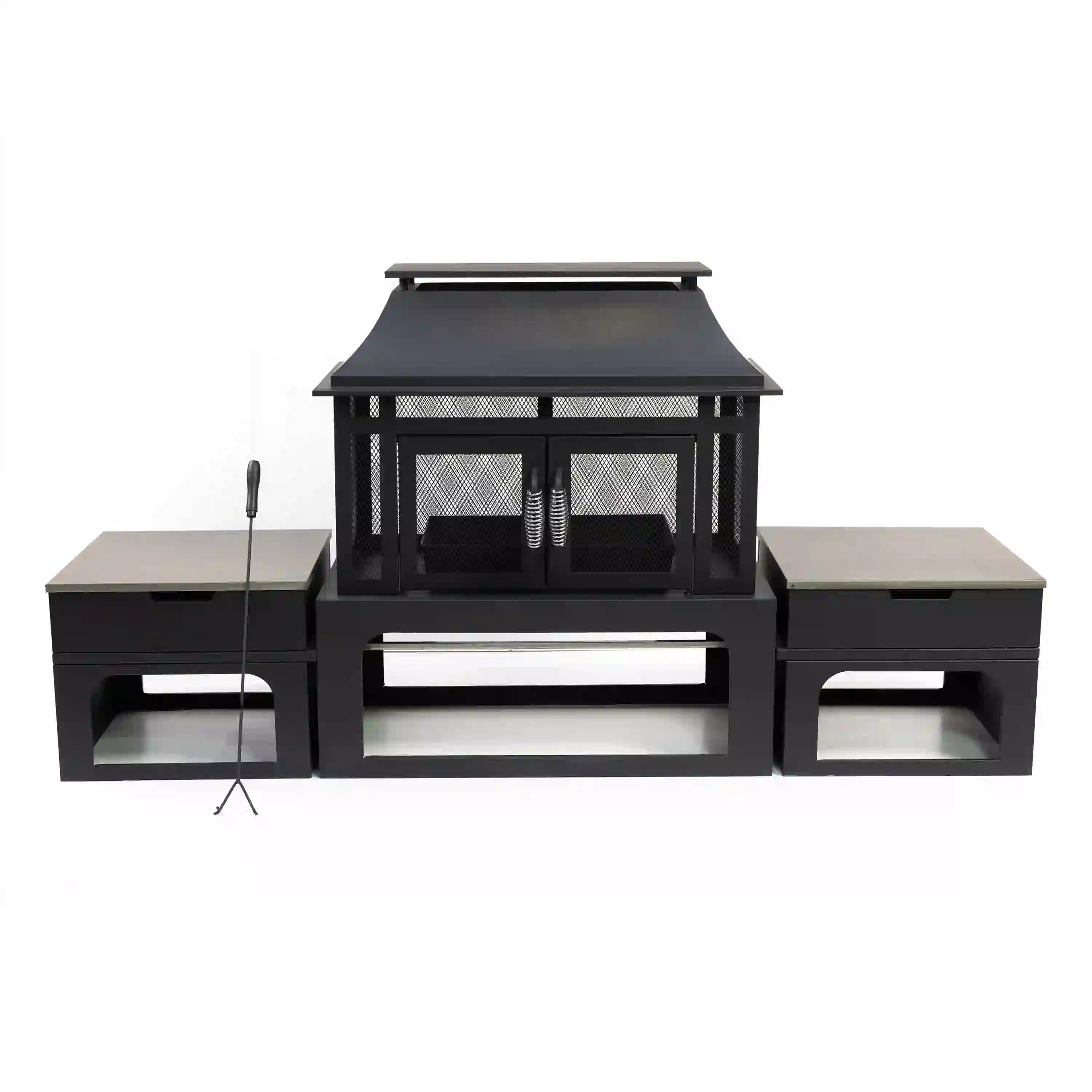 Front view of rectangular steel fireplace with mesh screen and side storage tables