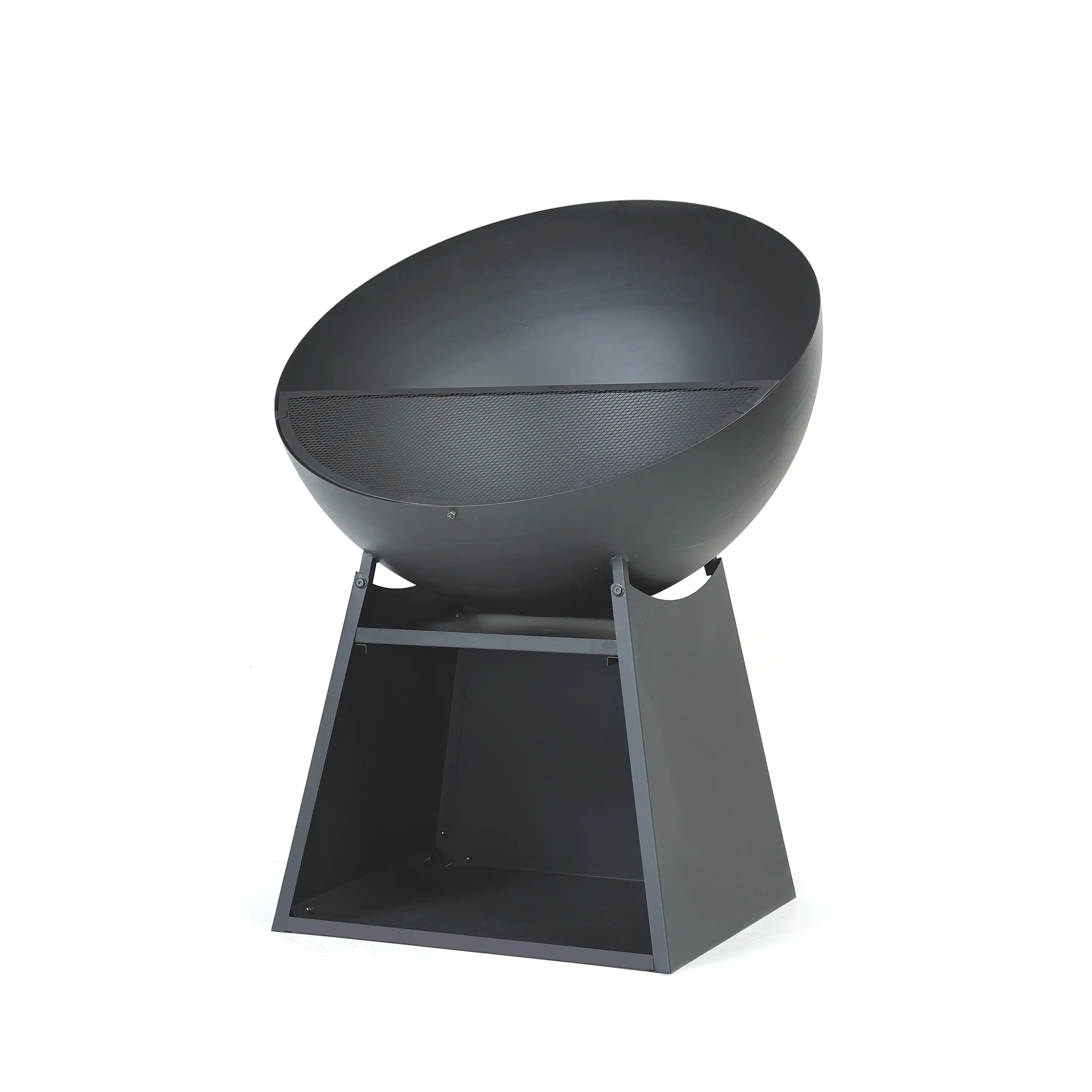 Black round steel fire pit with open front and raised stand for outdoor use.