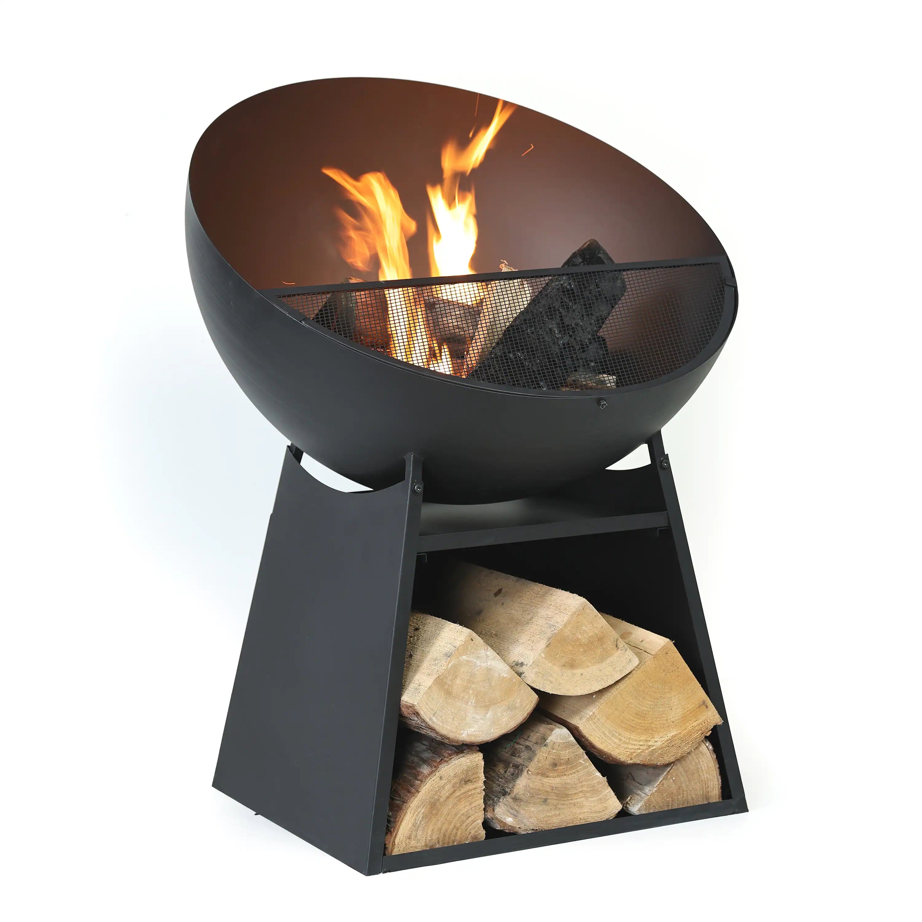 Round outdoor wood burning fire pit with black steel bowl, legs, and log storage.