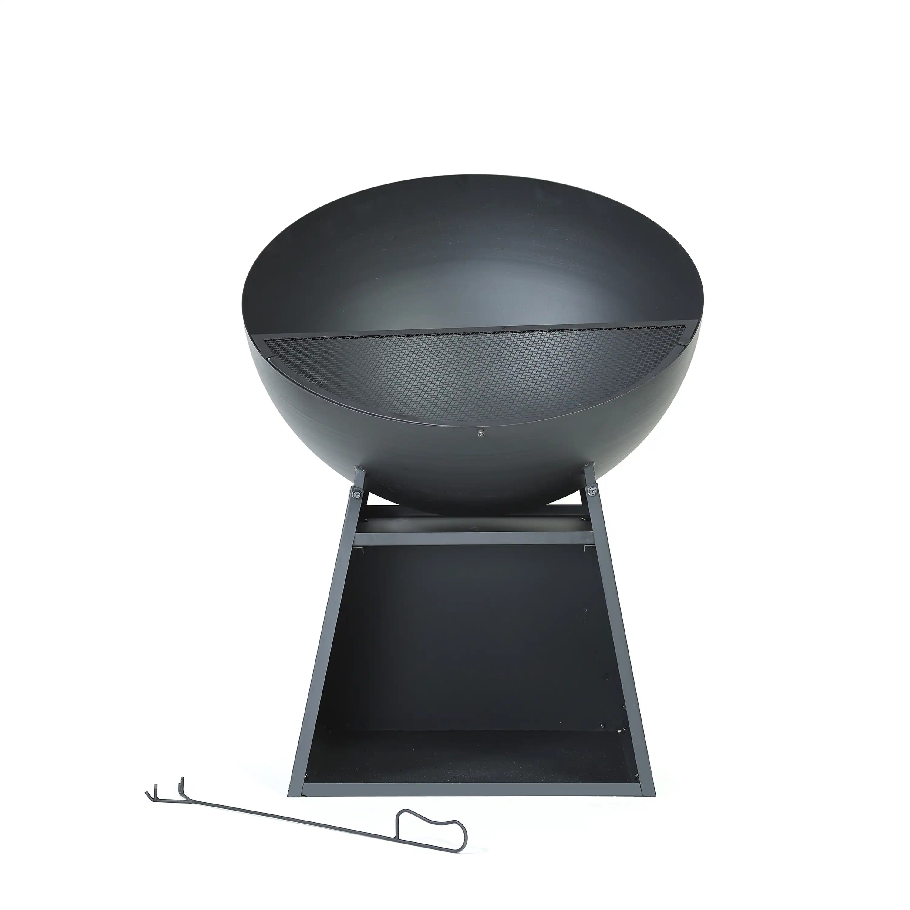 Black outdoor wood fire pit with round bowl, open base, and front air space.