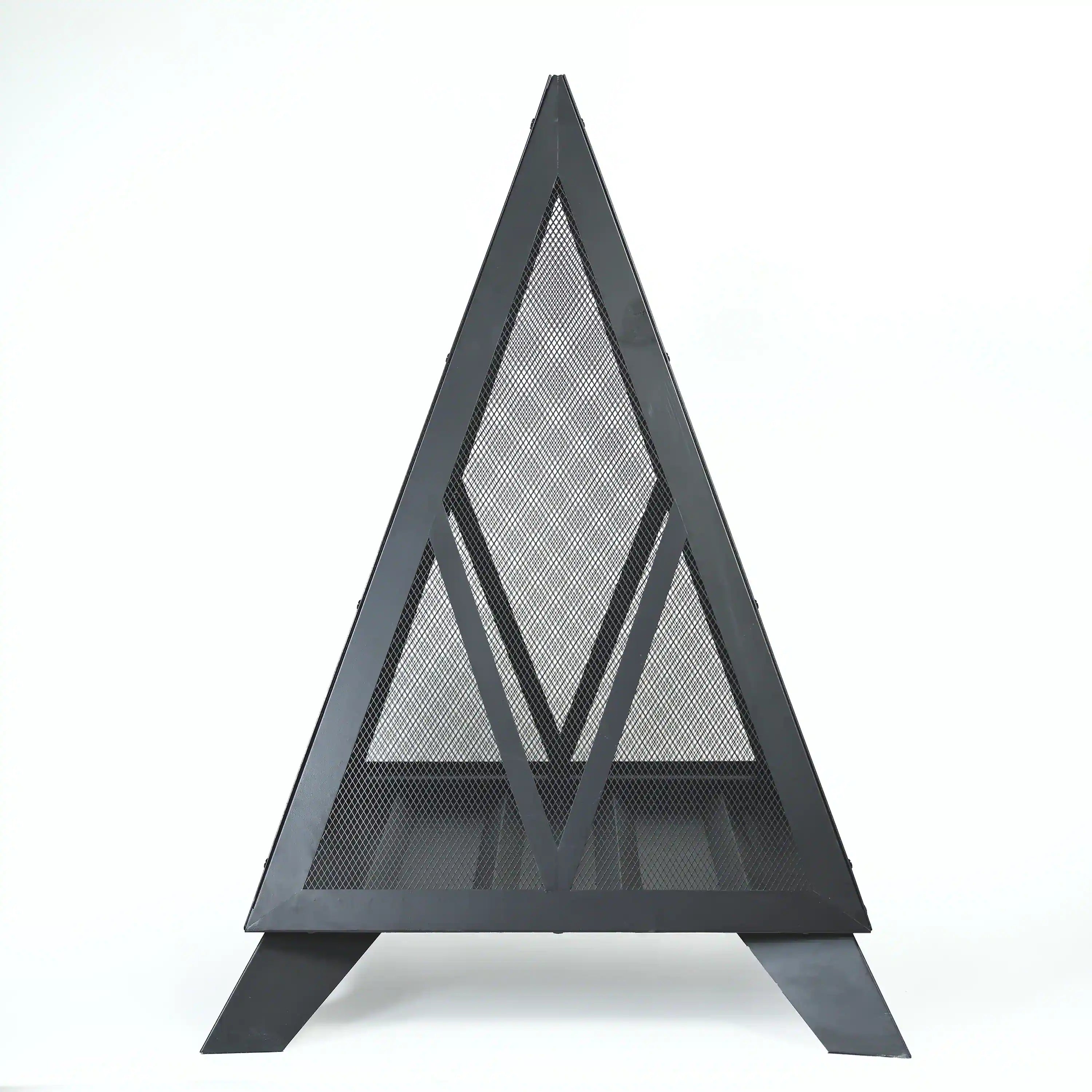 Steel pyramid fire pit with black frame and mesh spark screen panels