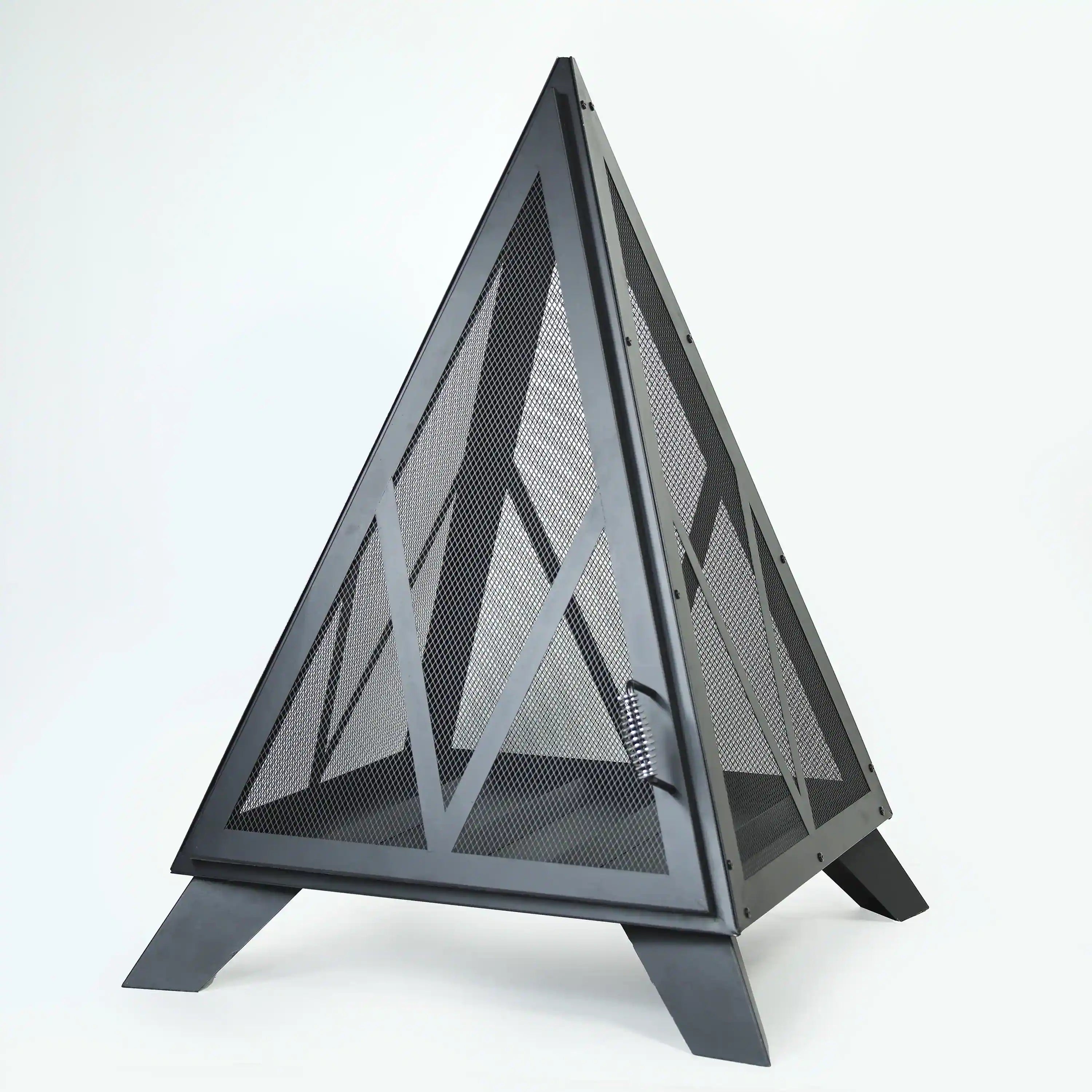 Black steel pyramid fire pit stand with mesh spark screens and front door