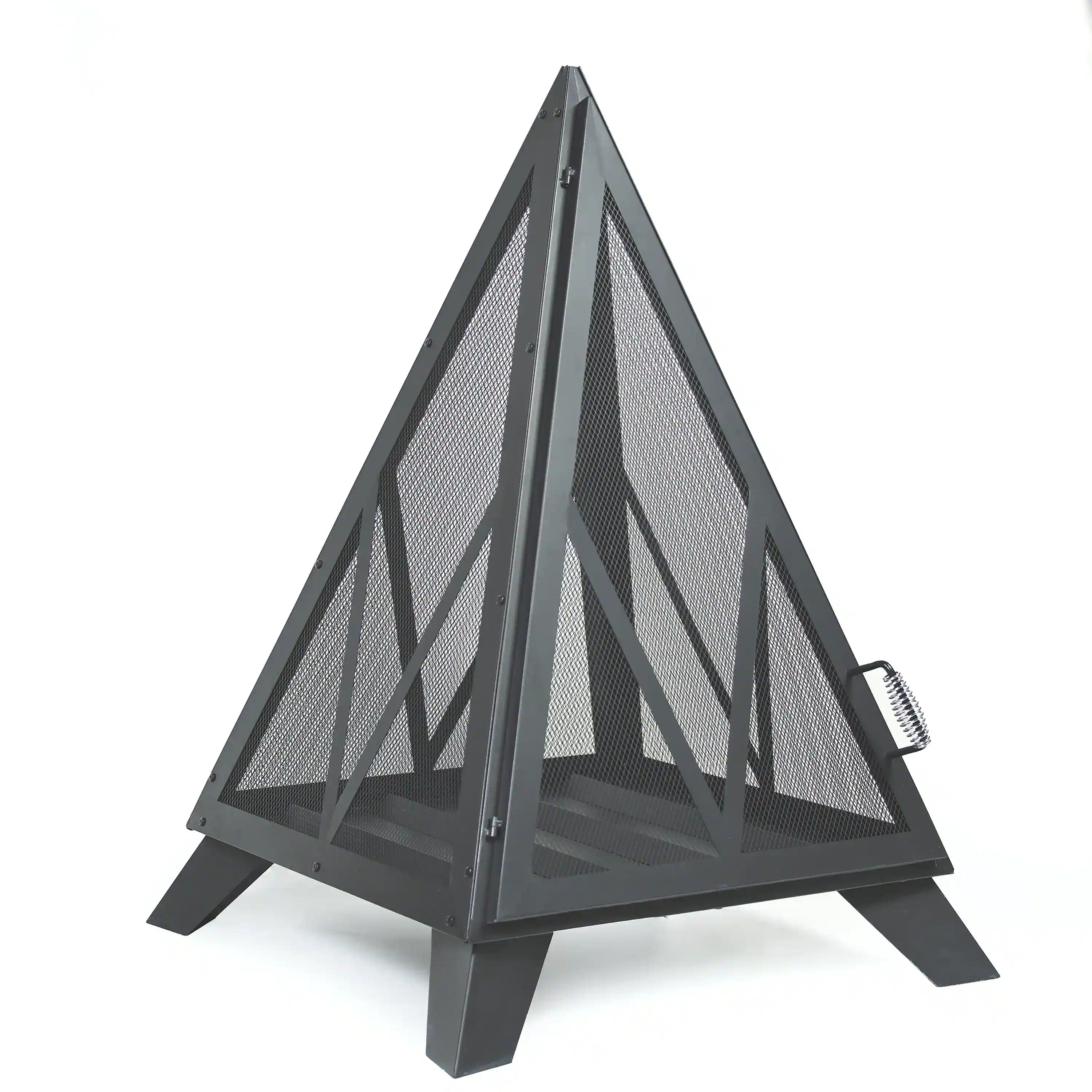 Black steel pyramid fire pit with mesh panels and side vent cutouts