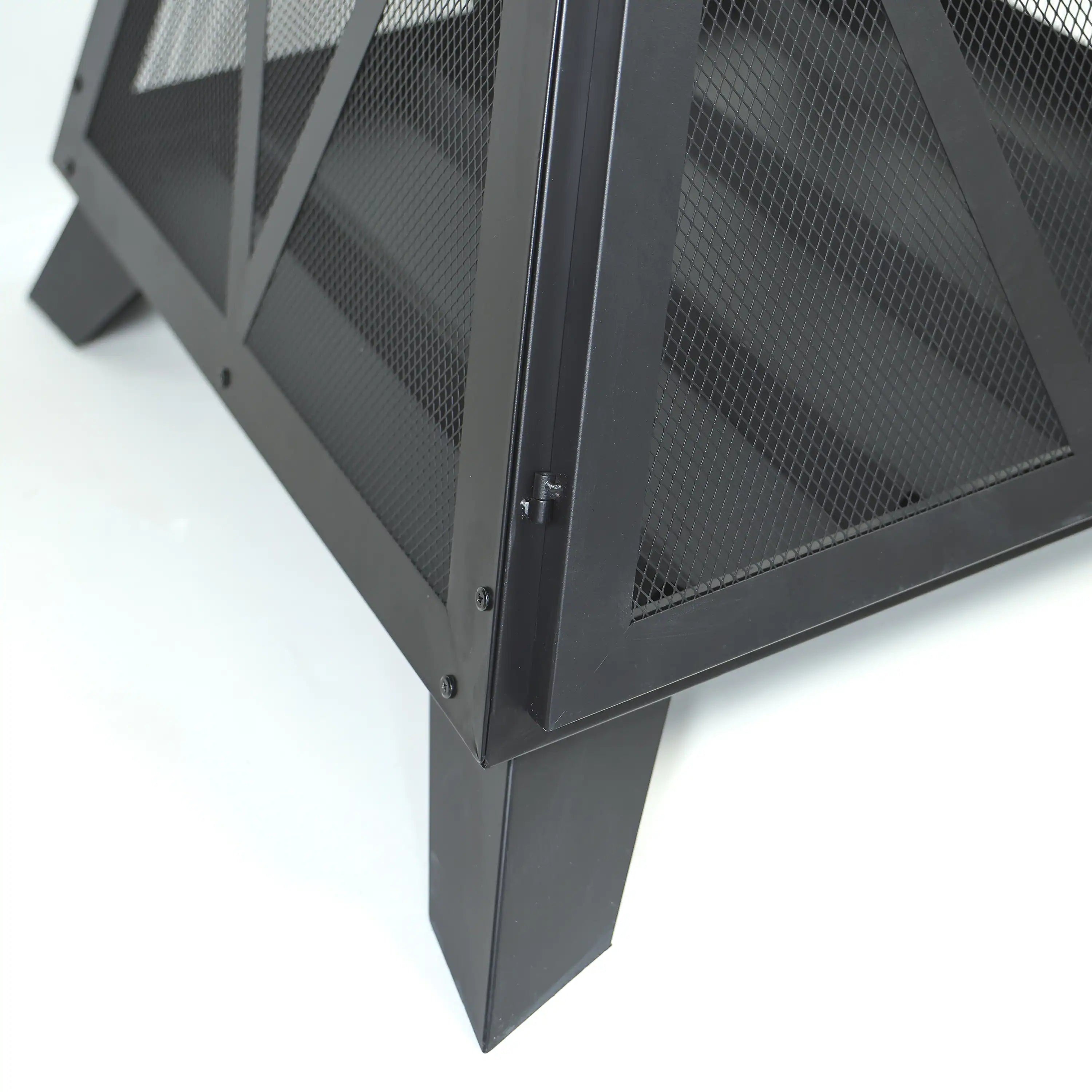Black steel pyramid fire pit with front door and mesh spark screen panels