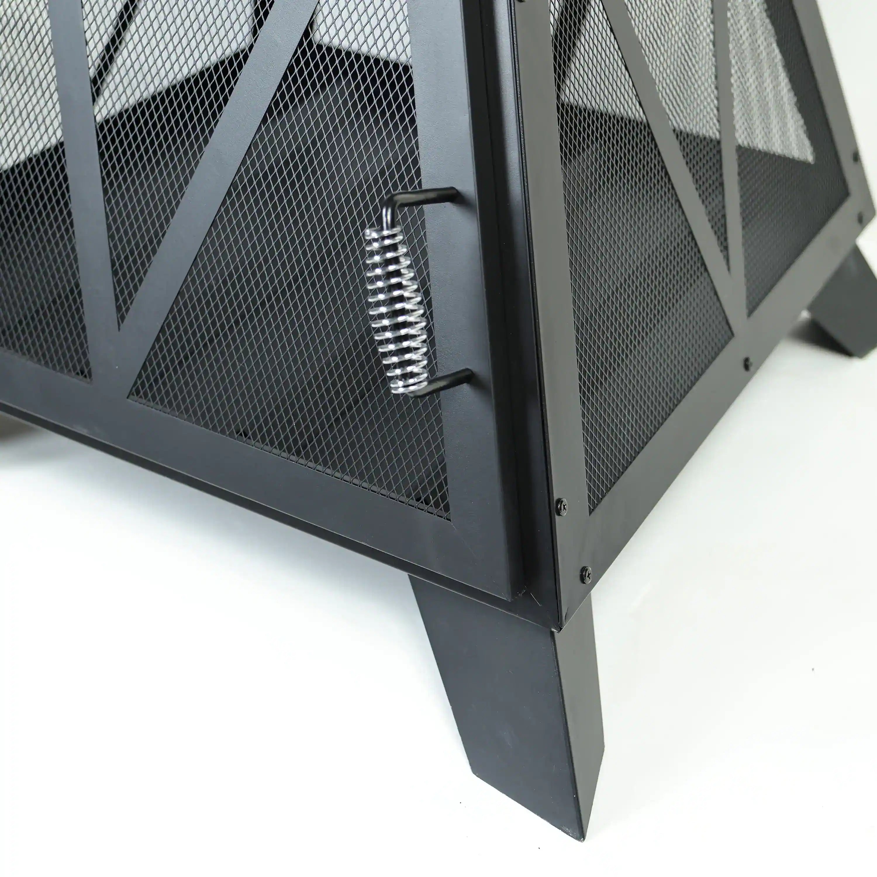 Black steel pyramid fire pit with mesh sides and spring latch on door edge