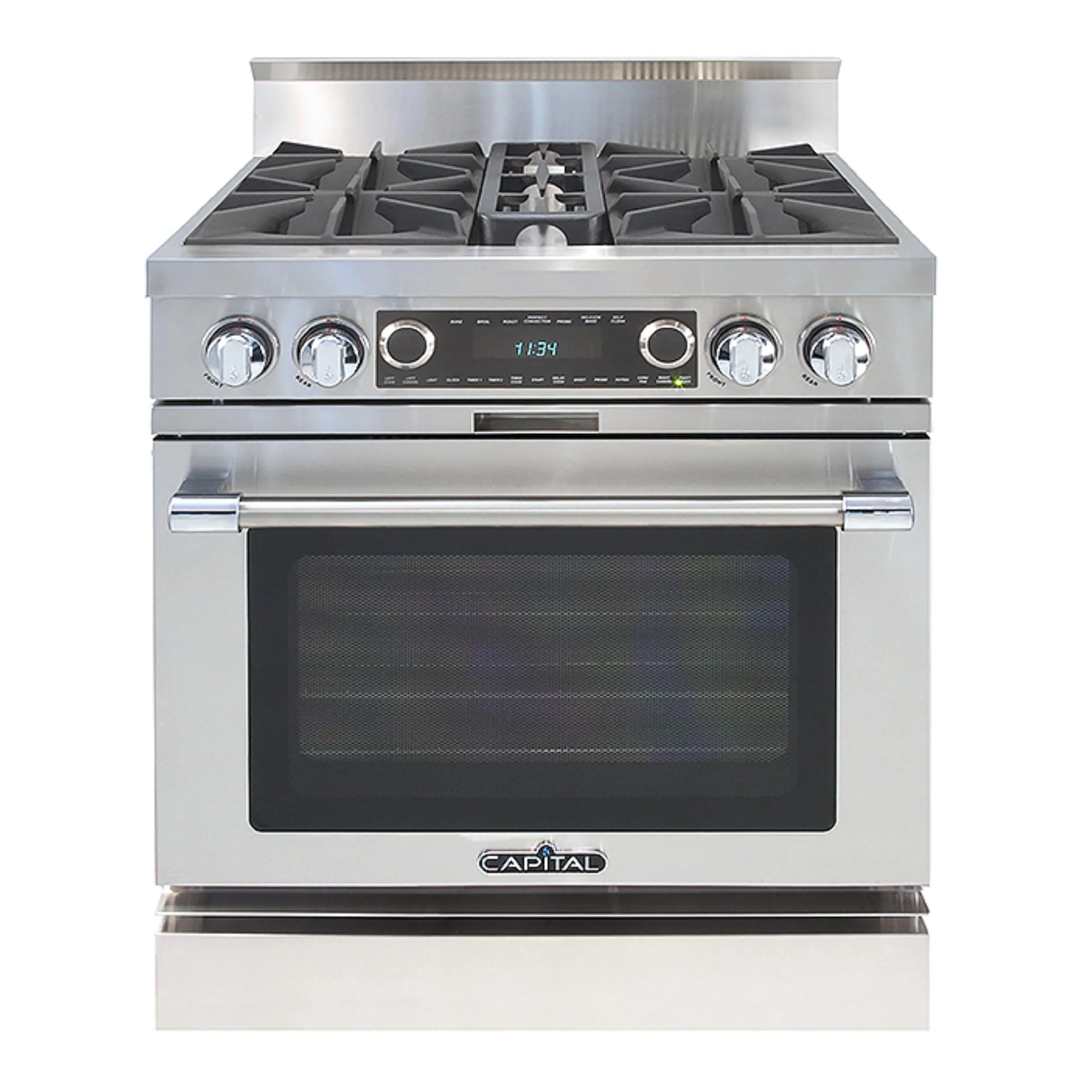 Stainless steel dual fuel range with four open gas burners and control panel