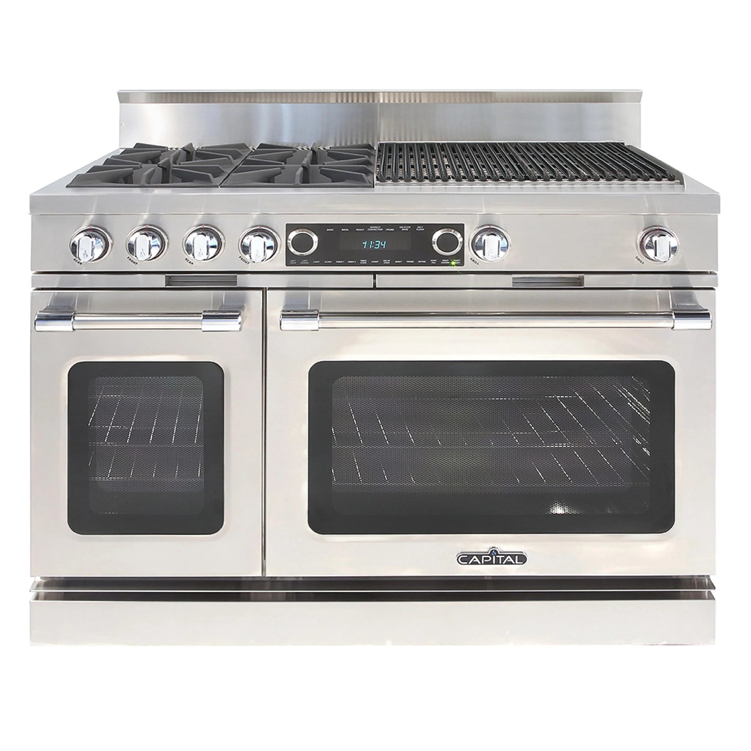 Stainless steel dual fuel range with open burners, grill/griddle top, and oven doors