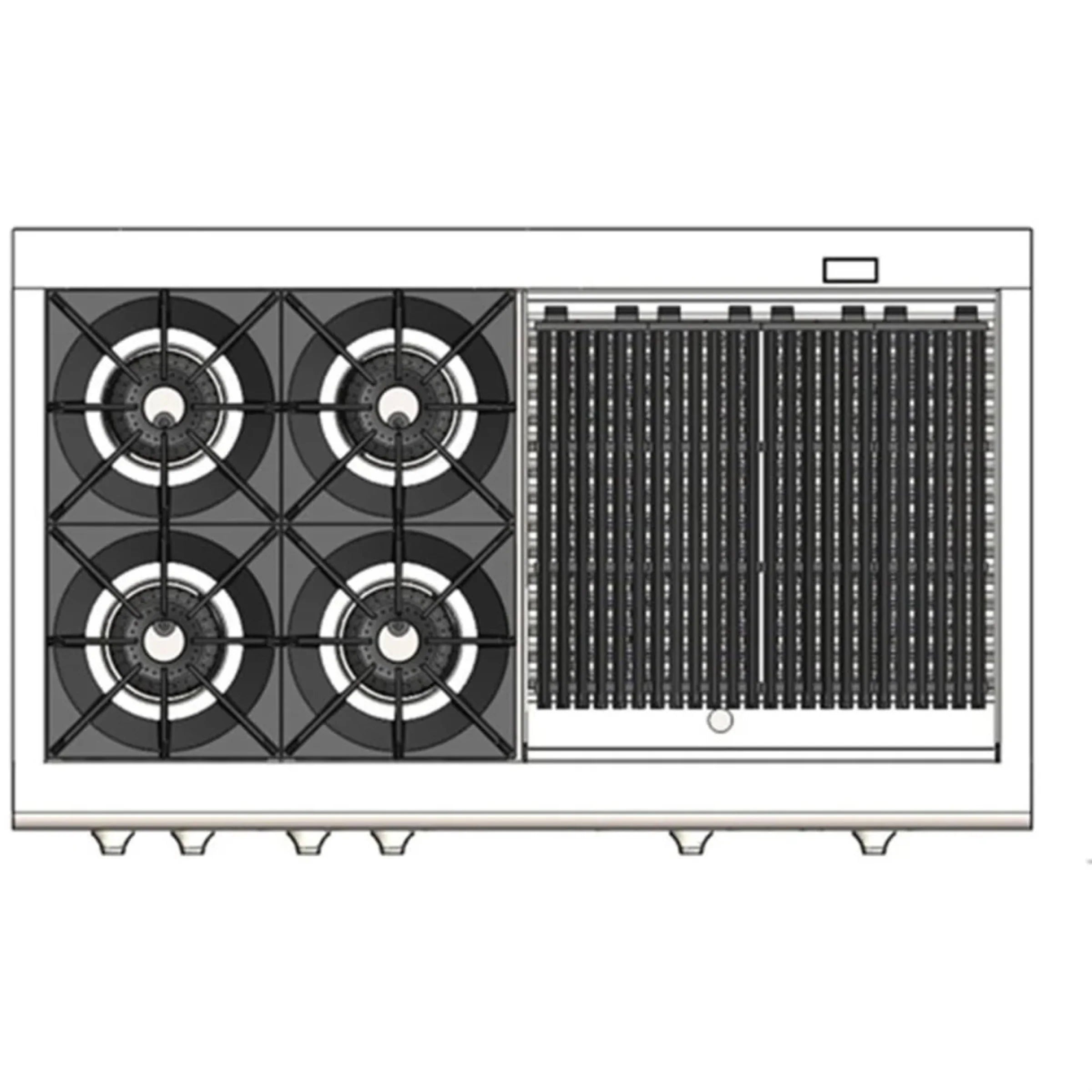 Stainless steel range top view with four burners and 24-inch grill section