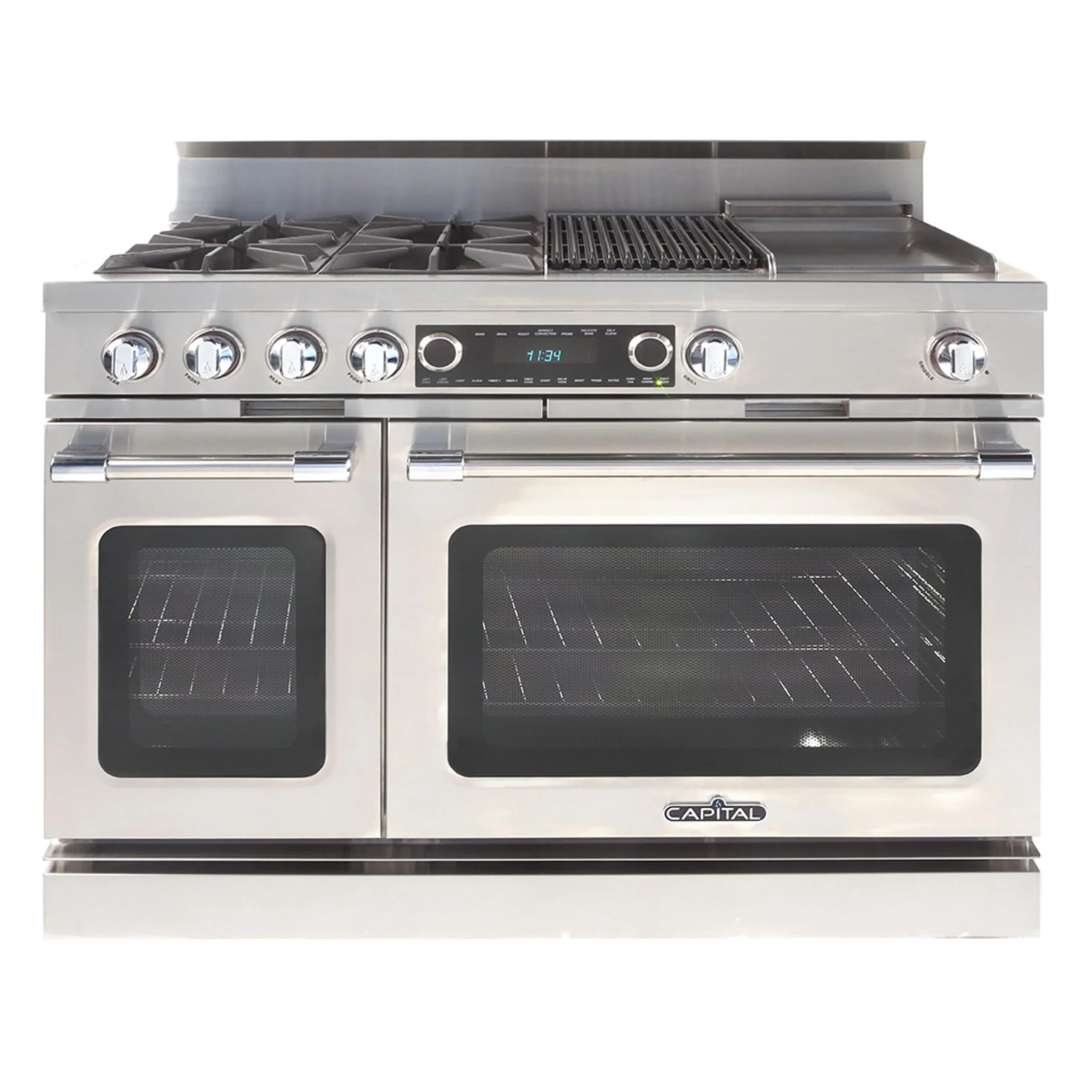 Stainless steel dual fuel range with four gas burners and two oven doors