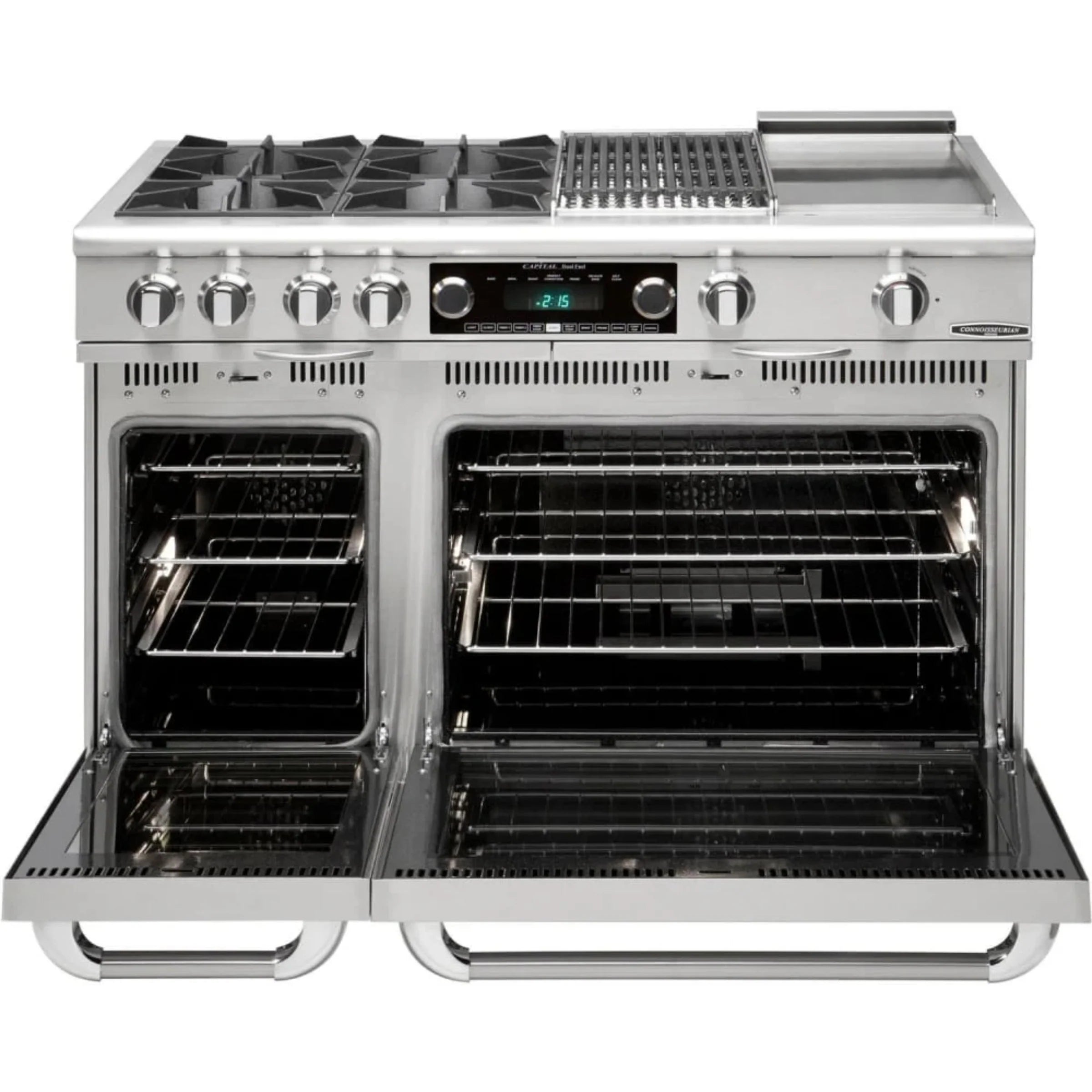 Stainless steel dual fuel range with open oven doors and front control knobs