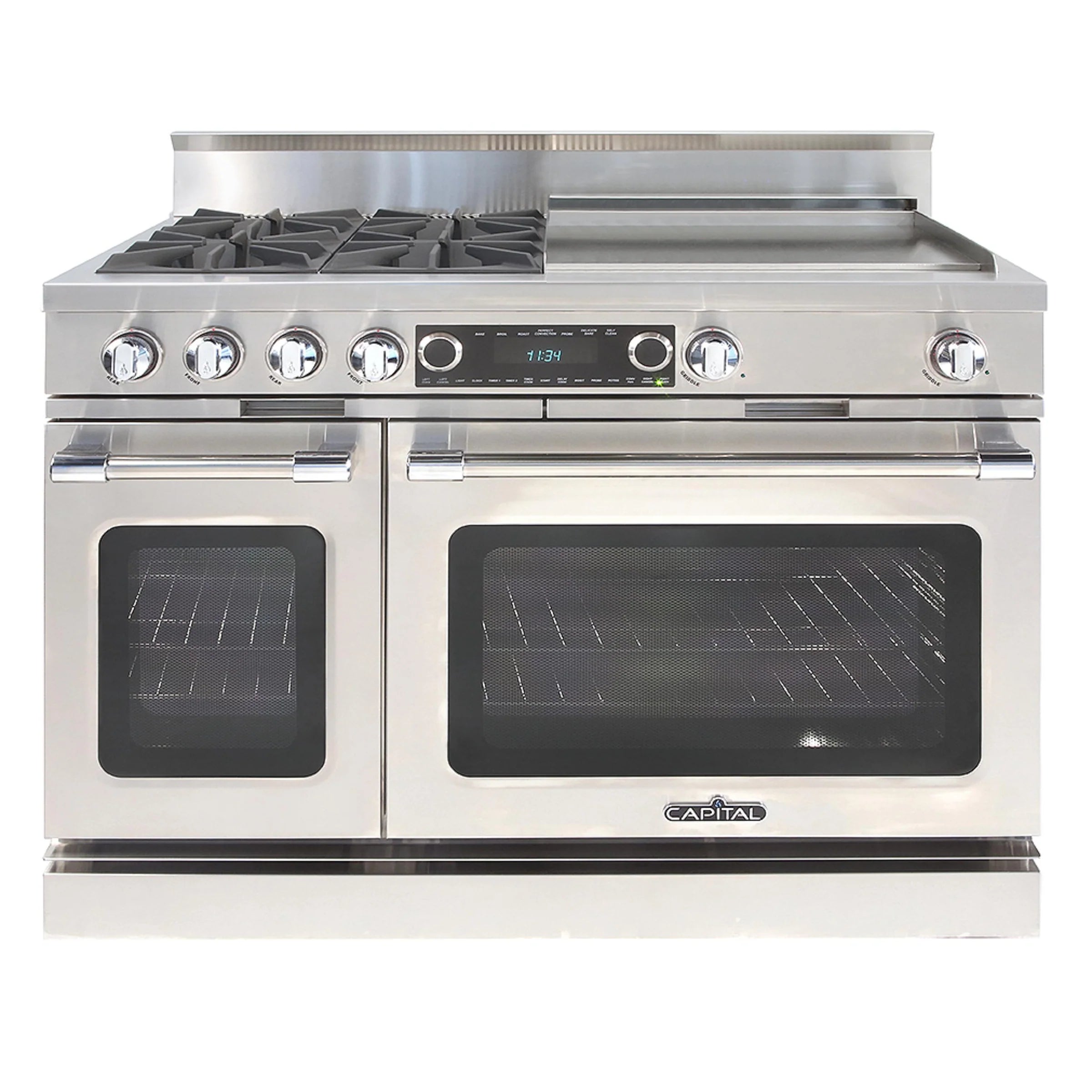 Stainless steel freestanding dual fuel range with double ovens and control panel