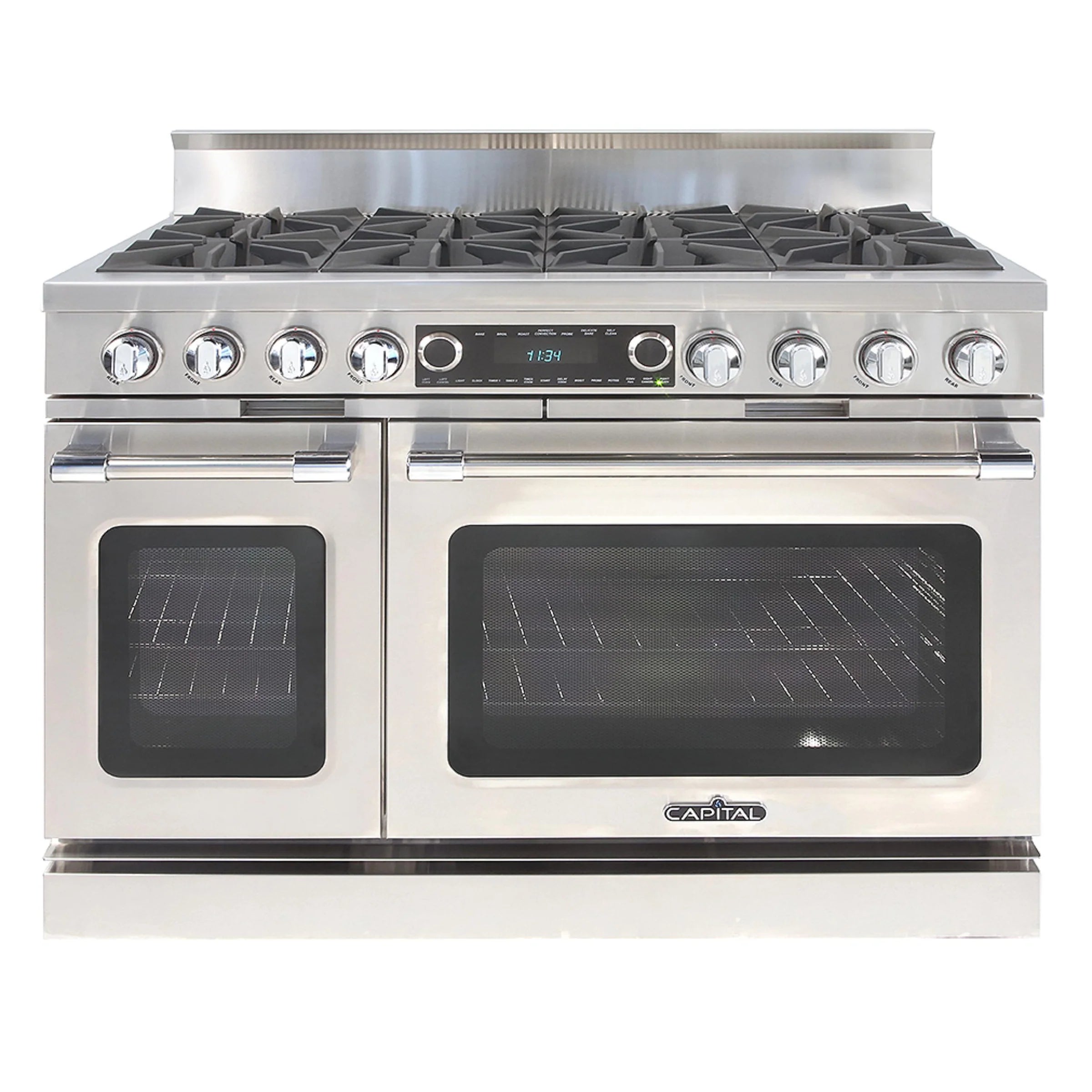 Stainless steel 48-inch dual fuel range with 8 gas burners and two oven doors
