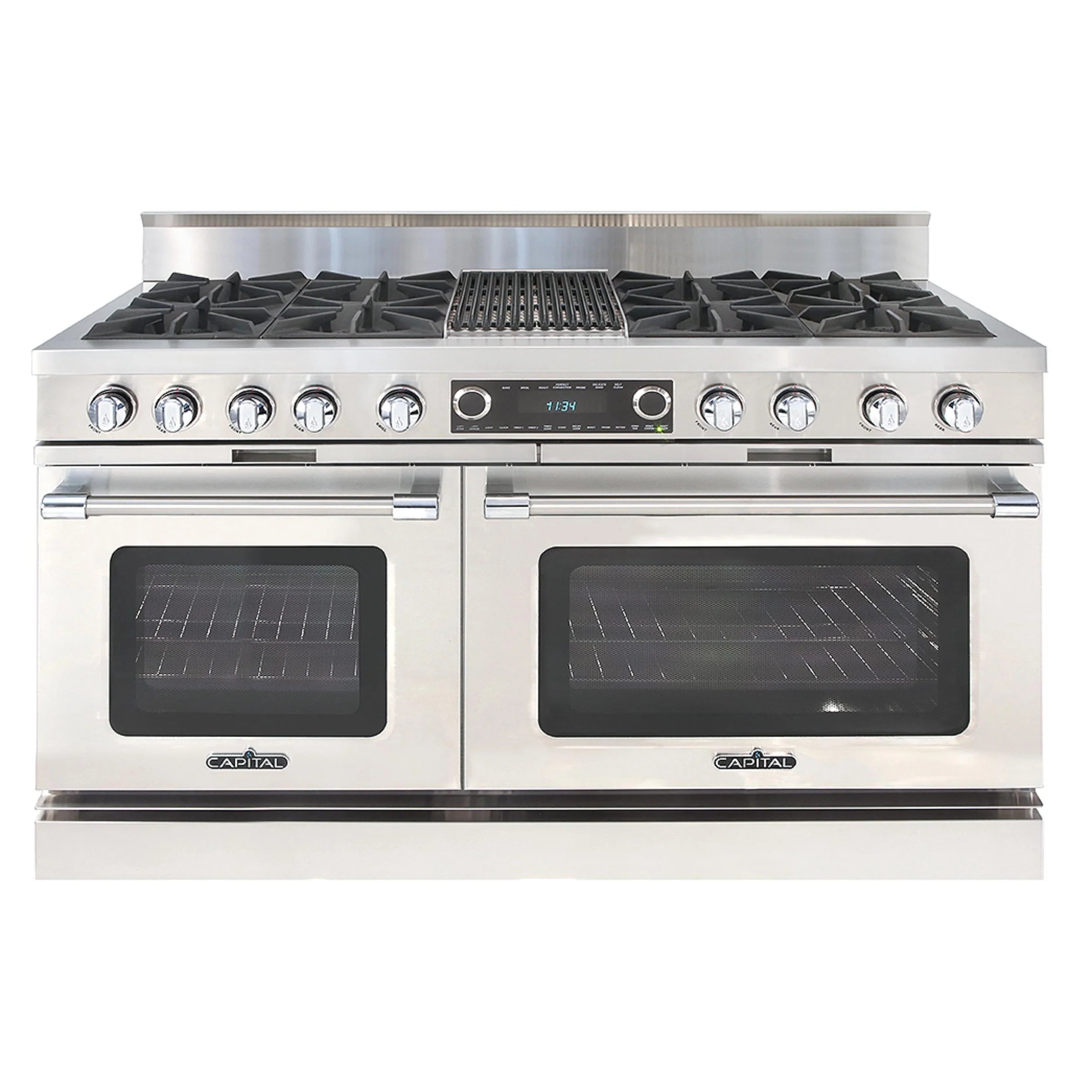 Stainless steel dual fuel range with dual oven doors and eight gas burners