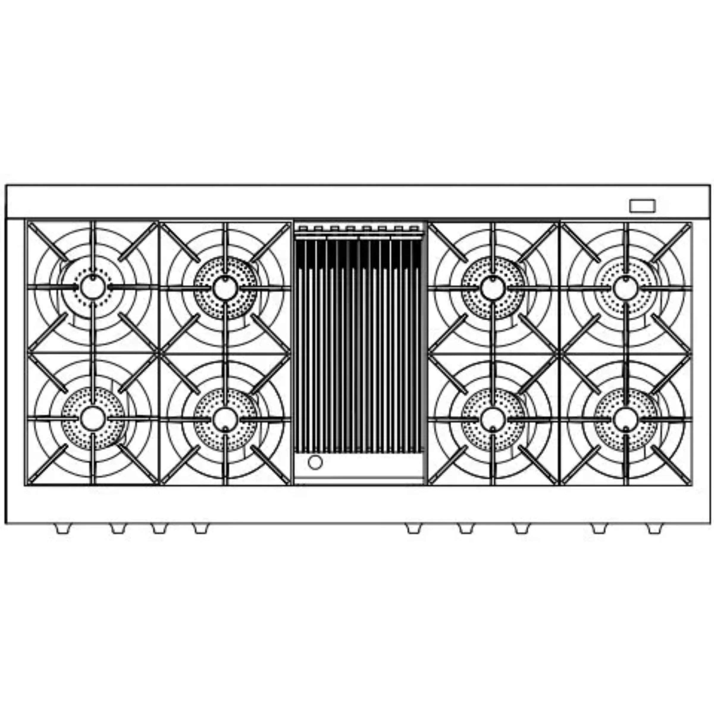 Top view of stainless dual fuel range with 8 burners and center grill