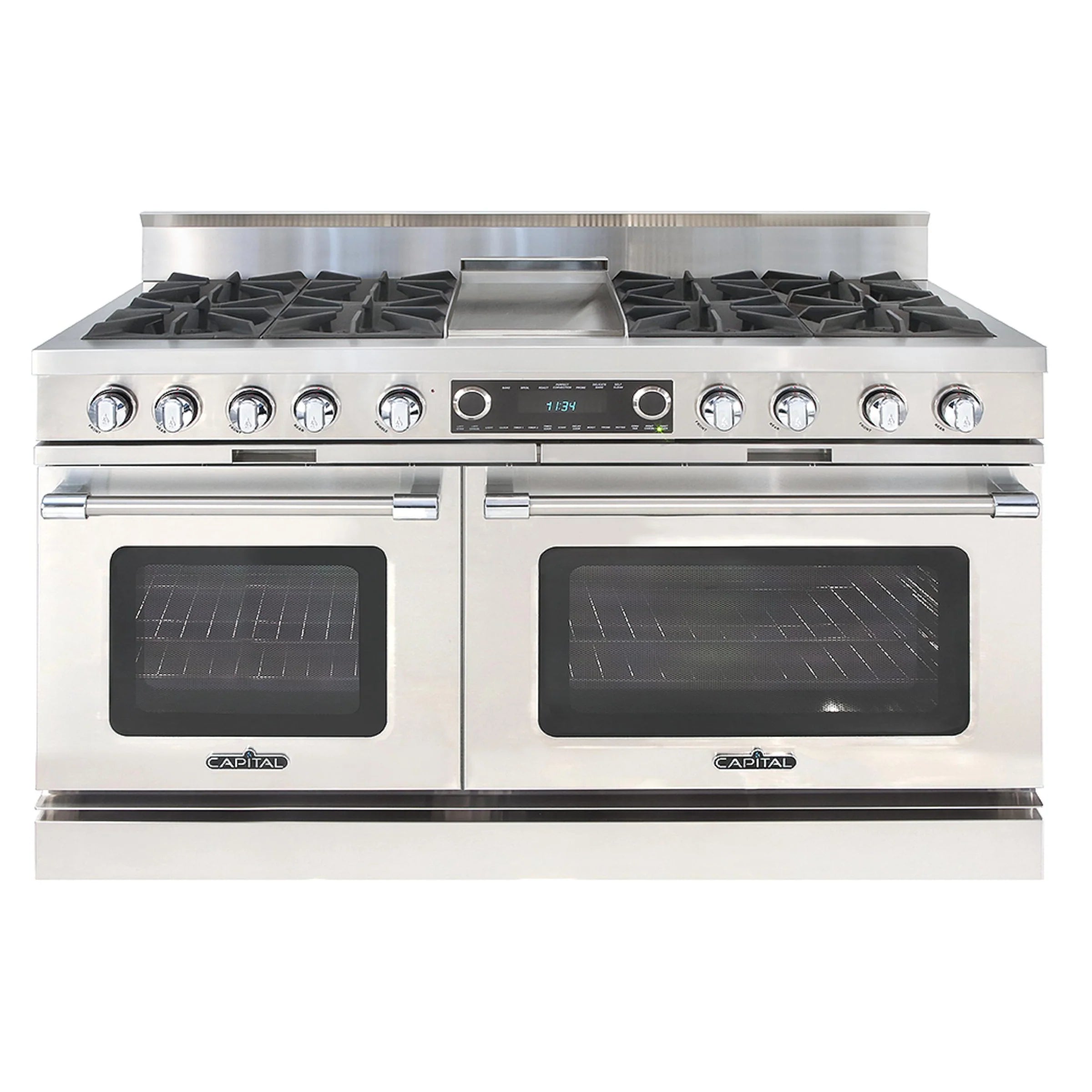 Stainless steel dual fuel range with eight burners and dual oven doors