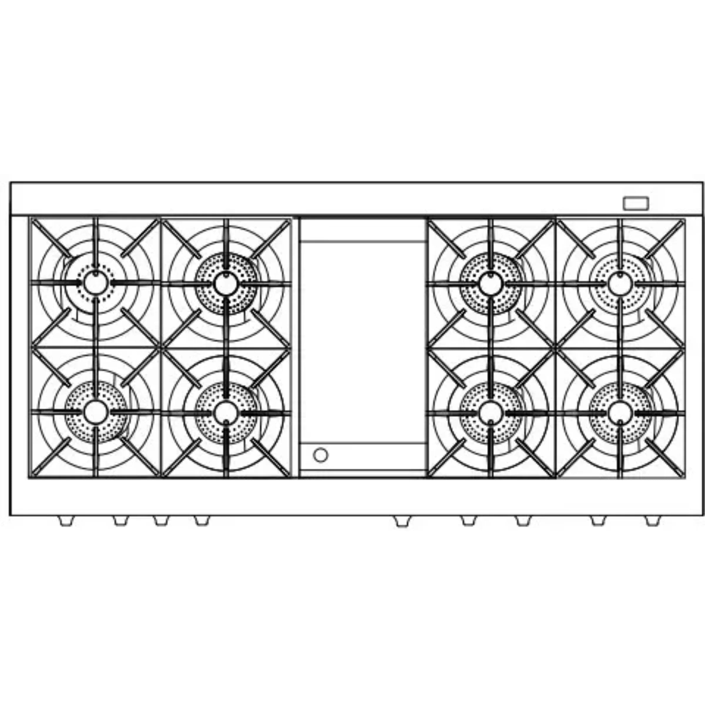 Dual fuel range cooktop burner layout diagram with central griddle zone