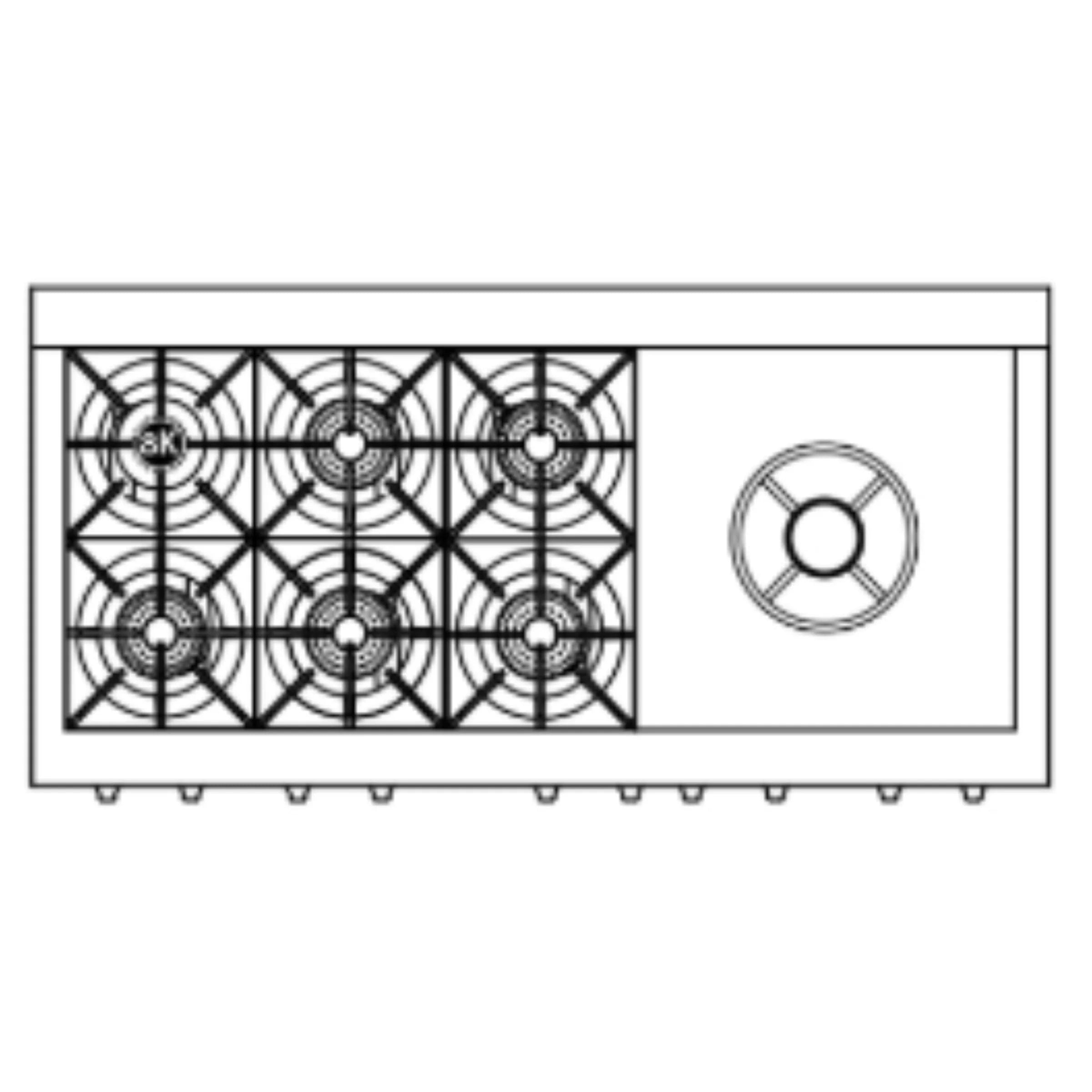 Stainless steel cooktop with 6 burner grates and right-side wok burner