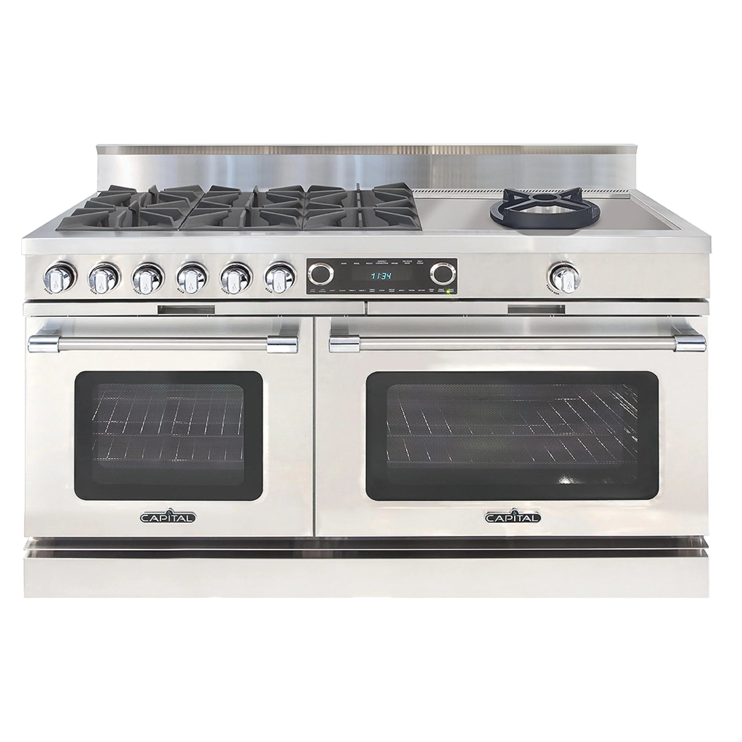 Stainless steel dual fuel range with six burners and two oven doors