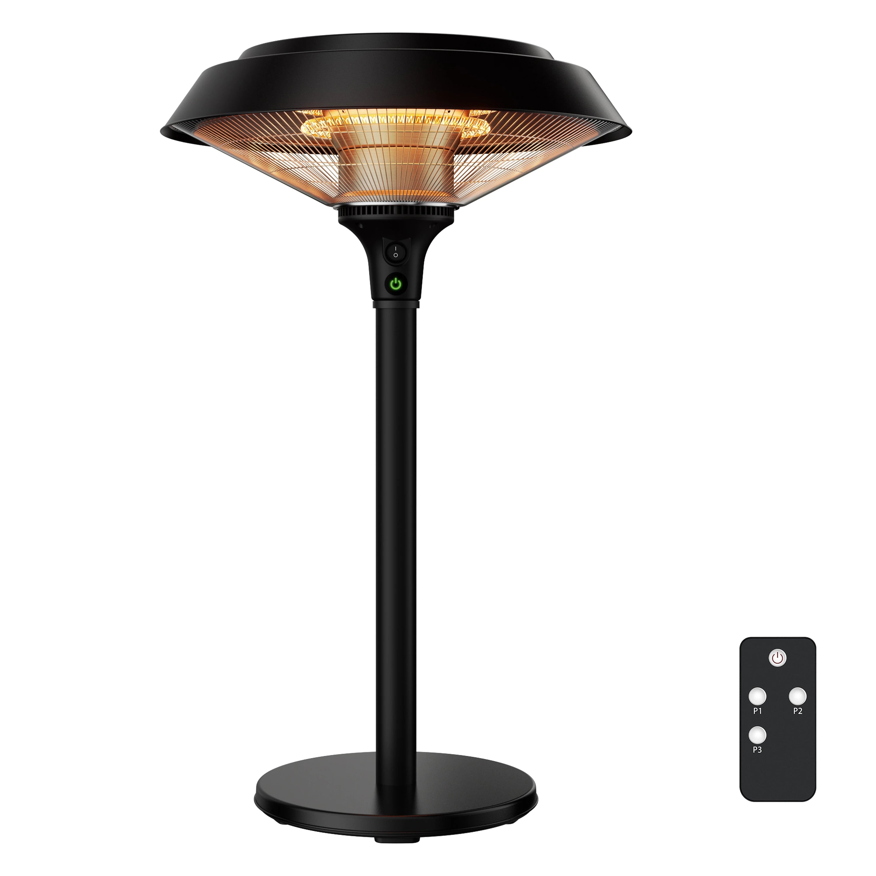 Black tabletop electric heater with glowing carbon fiber tube, round base, and remote control.
