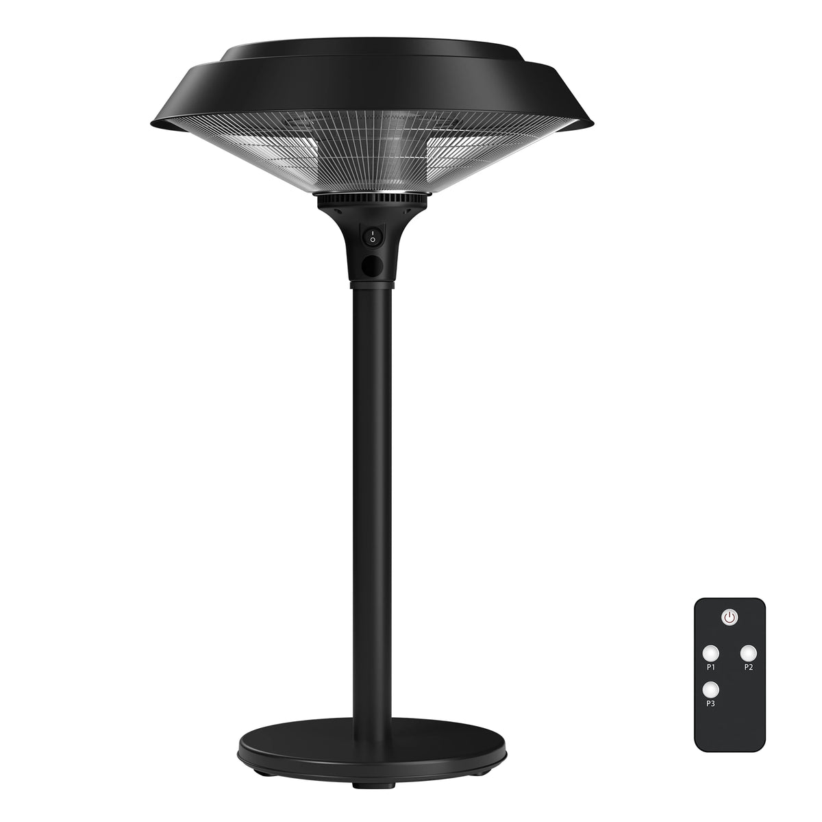 Black tabletop electric heater with carbon fiber tube, round base and remote control.