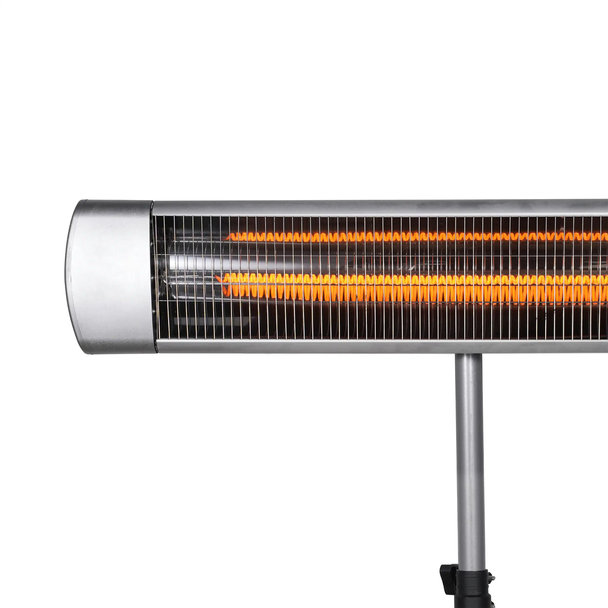 Infrared carbon-fiber stand heater close-up with glowing orange element and silver housing