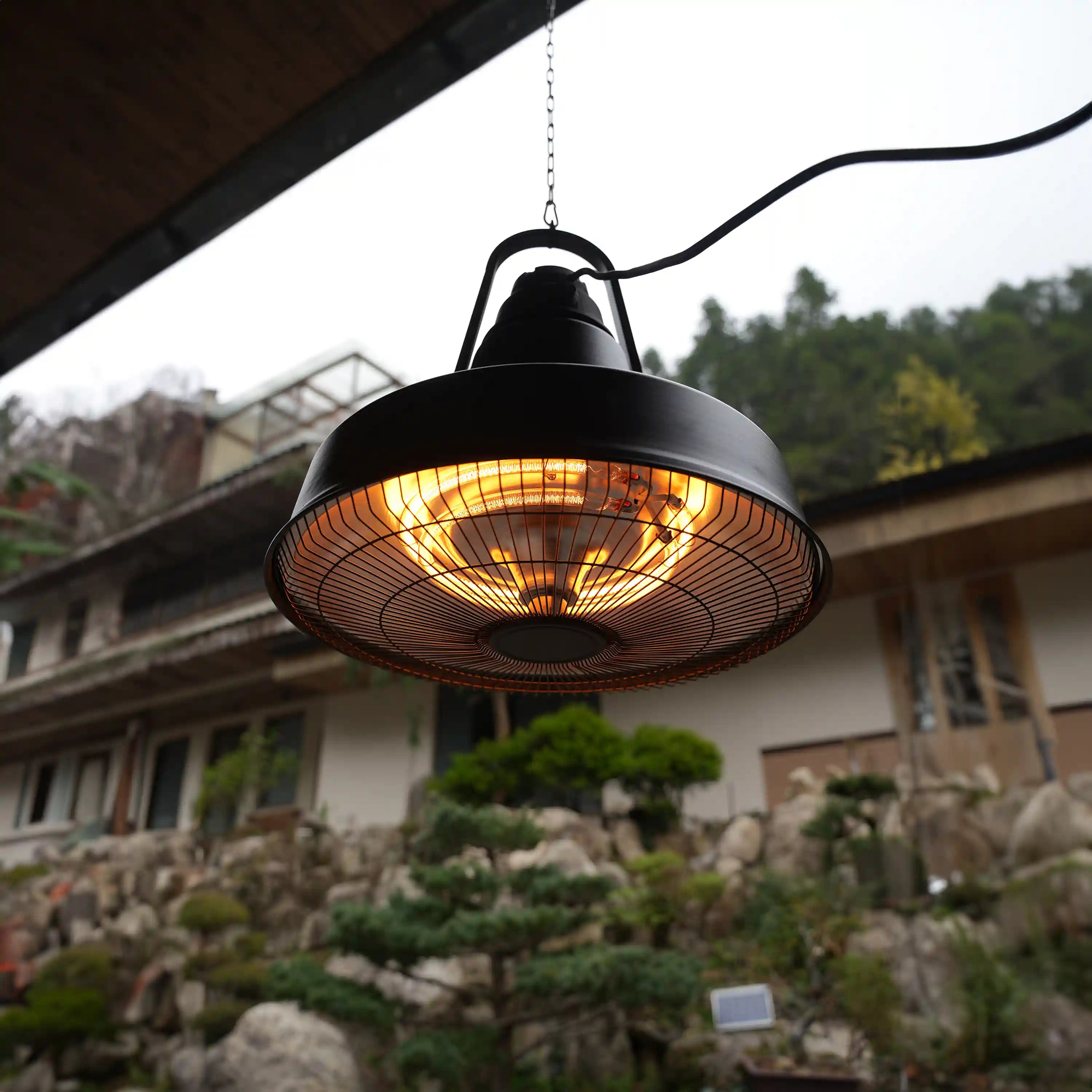 Outdoor hanging radiant patio heater with glowing heating element