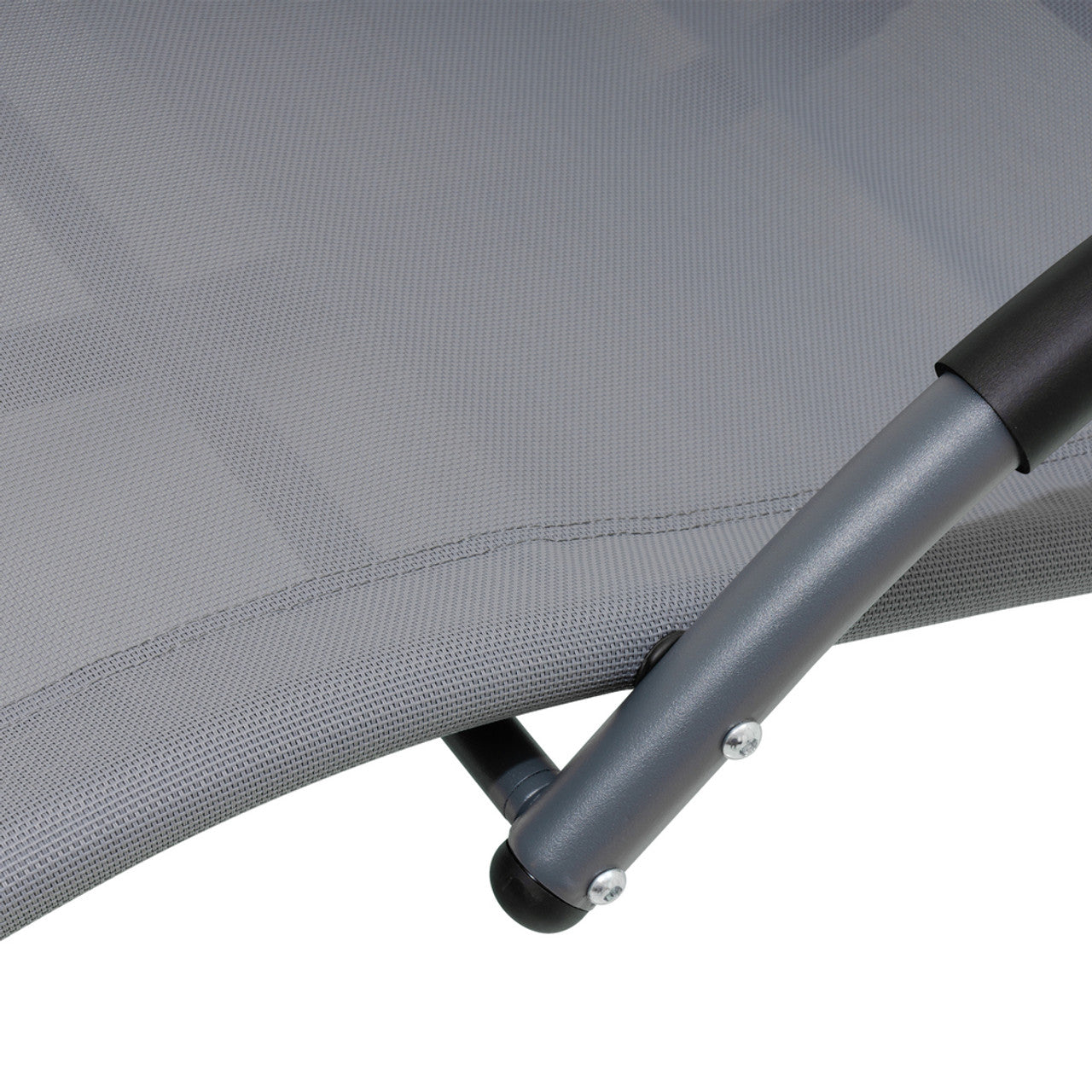 Outdoor rocking chair arm/leg joint with light gray sling fabric and metal hardware