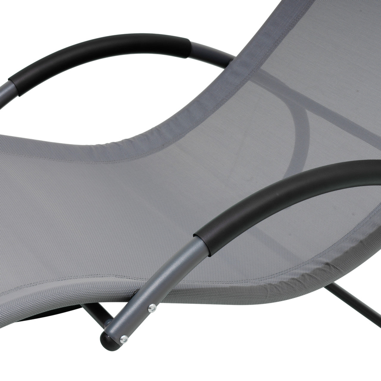 Outdoor rocking lounge chair seat sling with black curved arm and frame supports