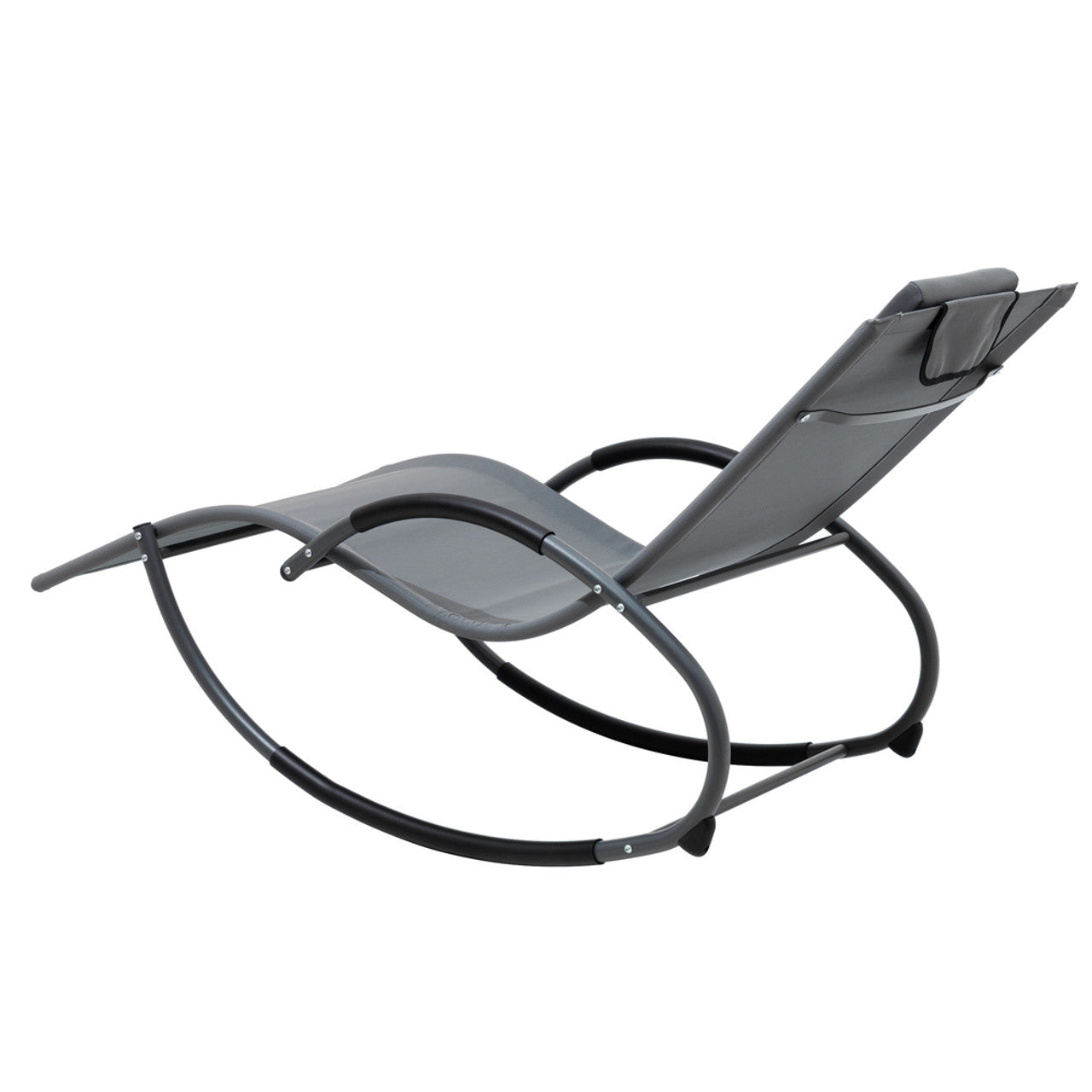 Outdoor rocking lounge chair with gray fabric seat and black metal curved rockers