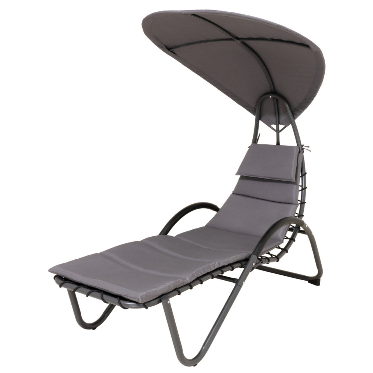 Outdoor patio lounge chair with canopy, dark gray cushions and arched metal frame