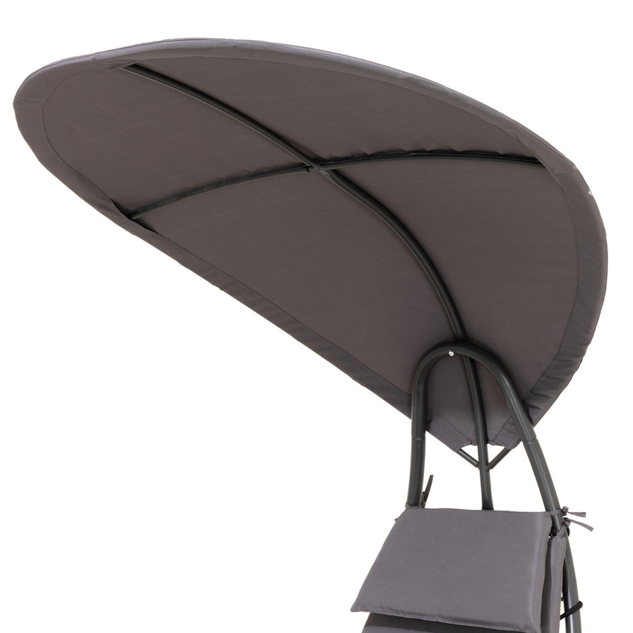 Outdoor patio lounge chair canopy with padded fabric cover, dark gray