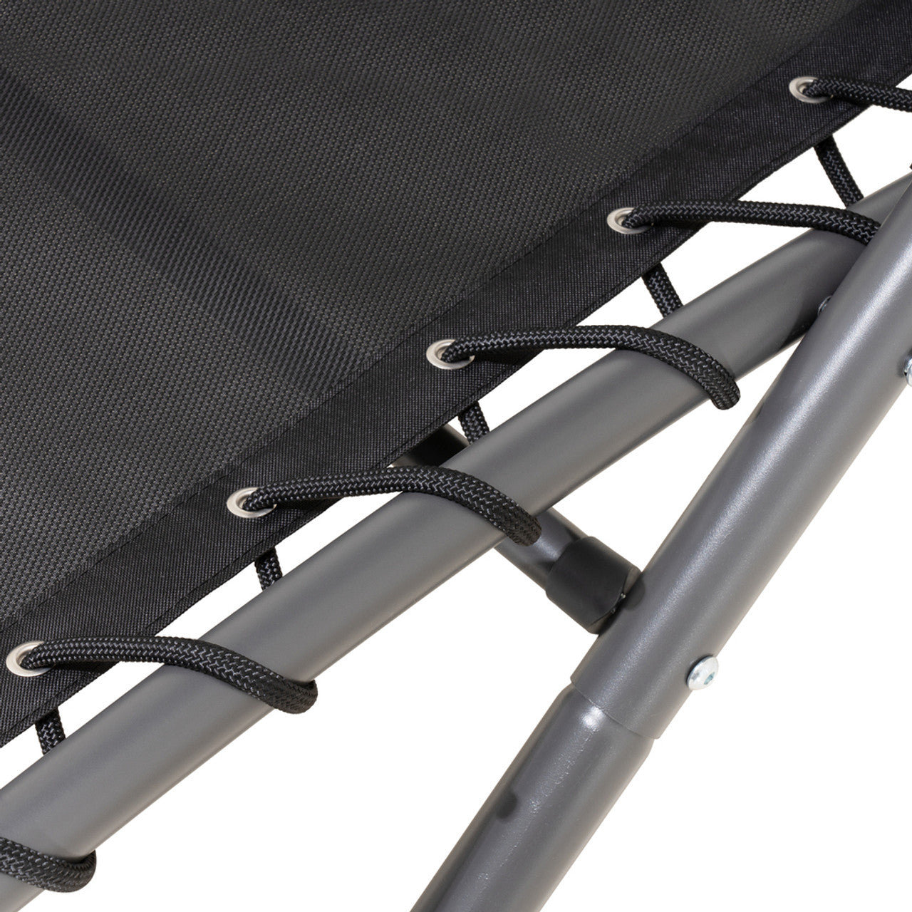Outdoor lounge chair seat straps and gray metal frame, close-up